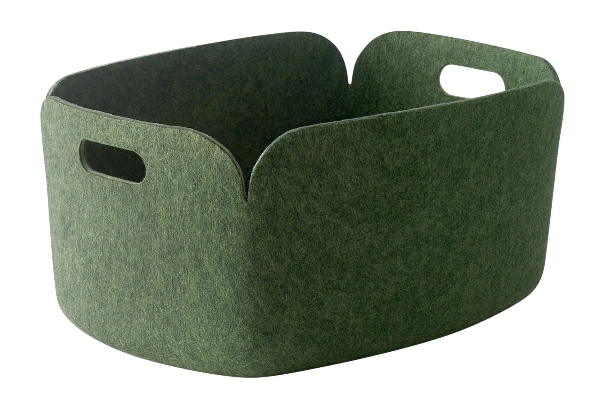 Muuto Restore Storage Basket, dunkelgrüner Filzkorb mit Griffen für Aufbewahrung und Ordnung.