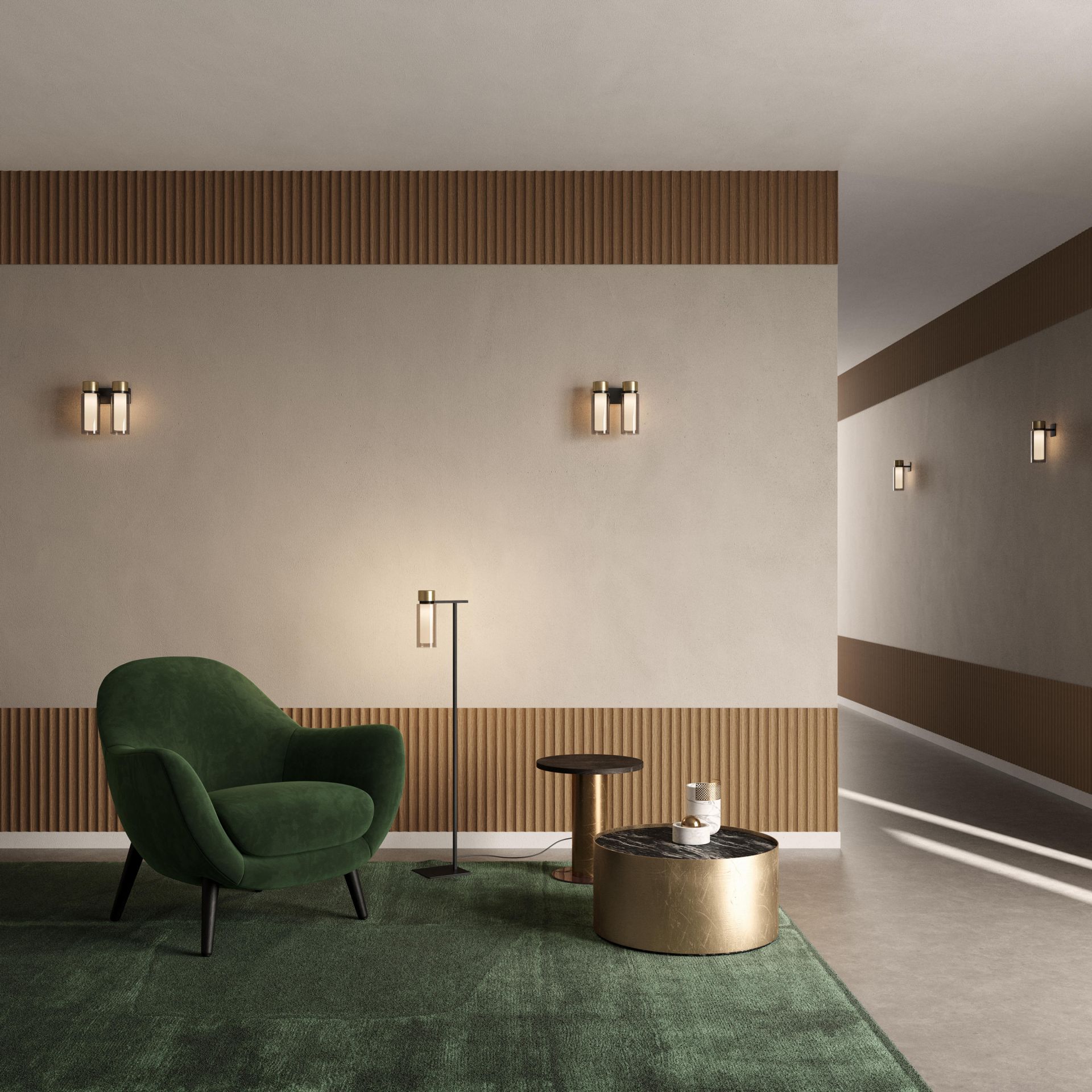 Tooy Osman Wandleuchte 560.41 in modernem Wohnzimmer mit Sessel und Teppich. Innenarchitektur mit Wandlampen.