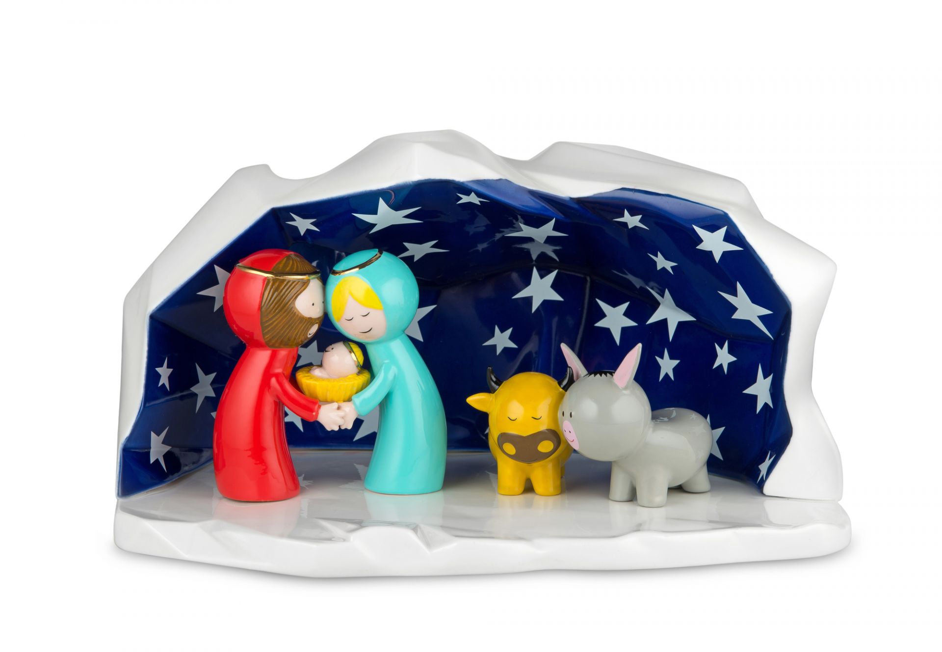 Alessi Weihnachtskrippe "Happy Eternity Baby" mit Maria, Josef, Jesuskind, Ochse und Esel. Festliche Weihnachtsdekoration.