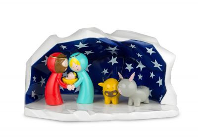Alessi Weihnachtskrippe "Happy Eternity Baby" mit Maria, Josef, Jesuskind, Ochse und Esel. Festliche Weihnachtsdekoration.