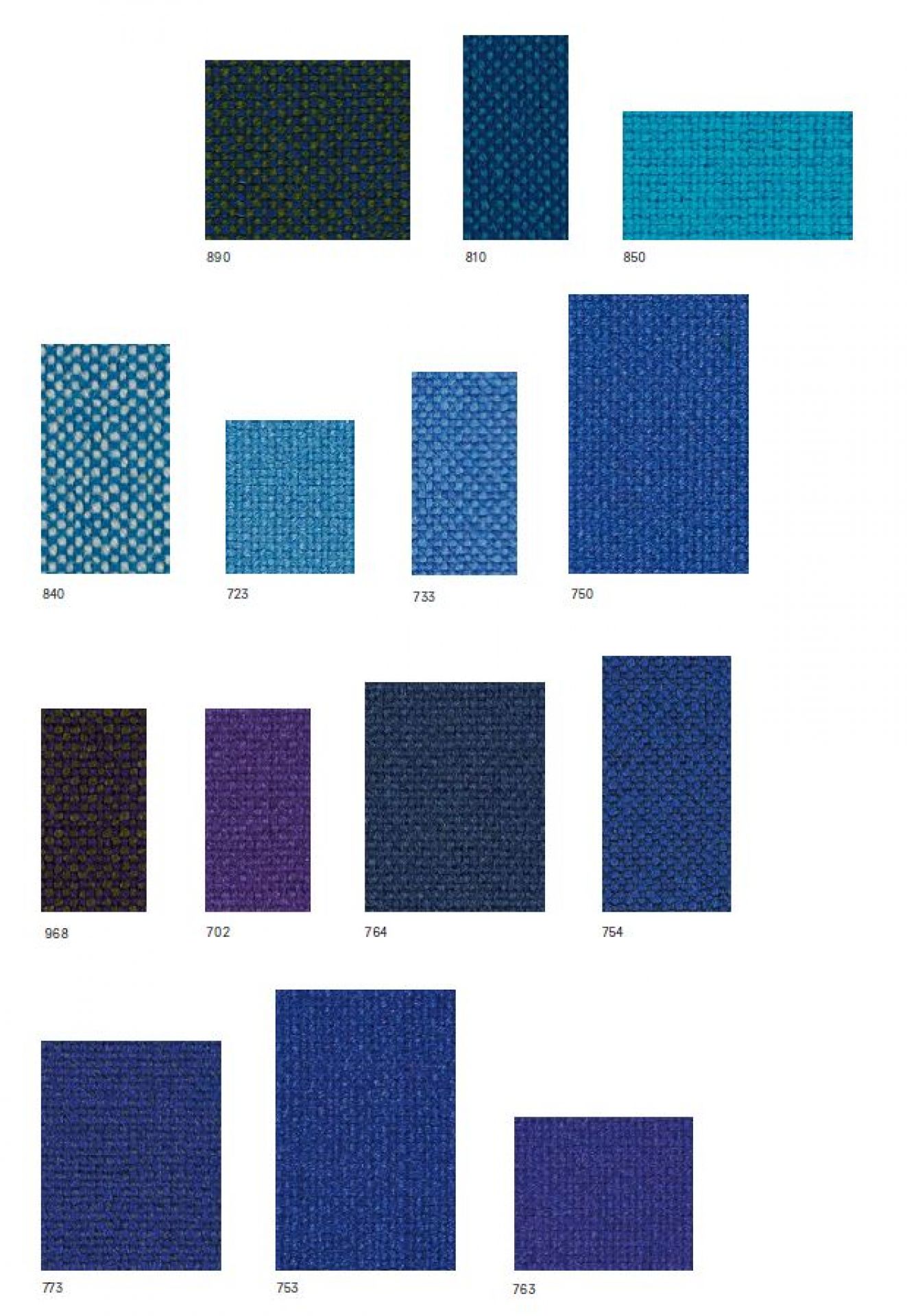 Farbmusterkarte Hallingdal 65 Stoff von Kvadrat mit verschiedenen Farbvarianten und Texturen für Möbelstoffe.