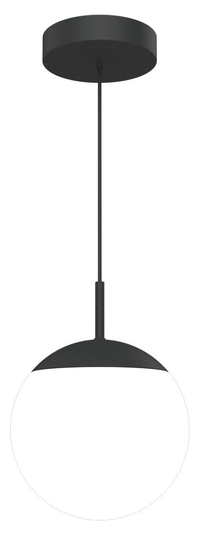 Schwarze Mooon Pendelleuchte von Fermob, Ø 25 cm, mit runder, weißer Glaskugel und filigraner Aufhängung.