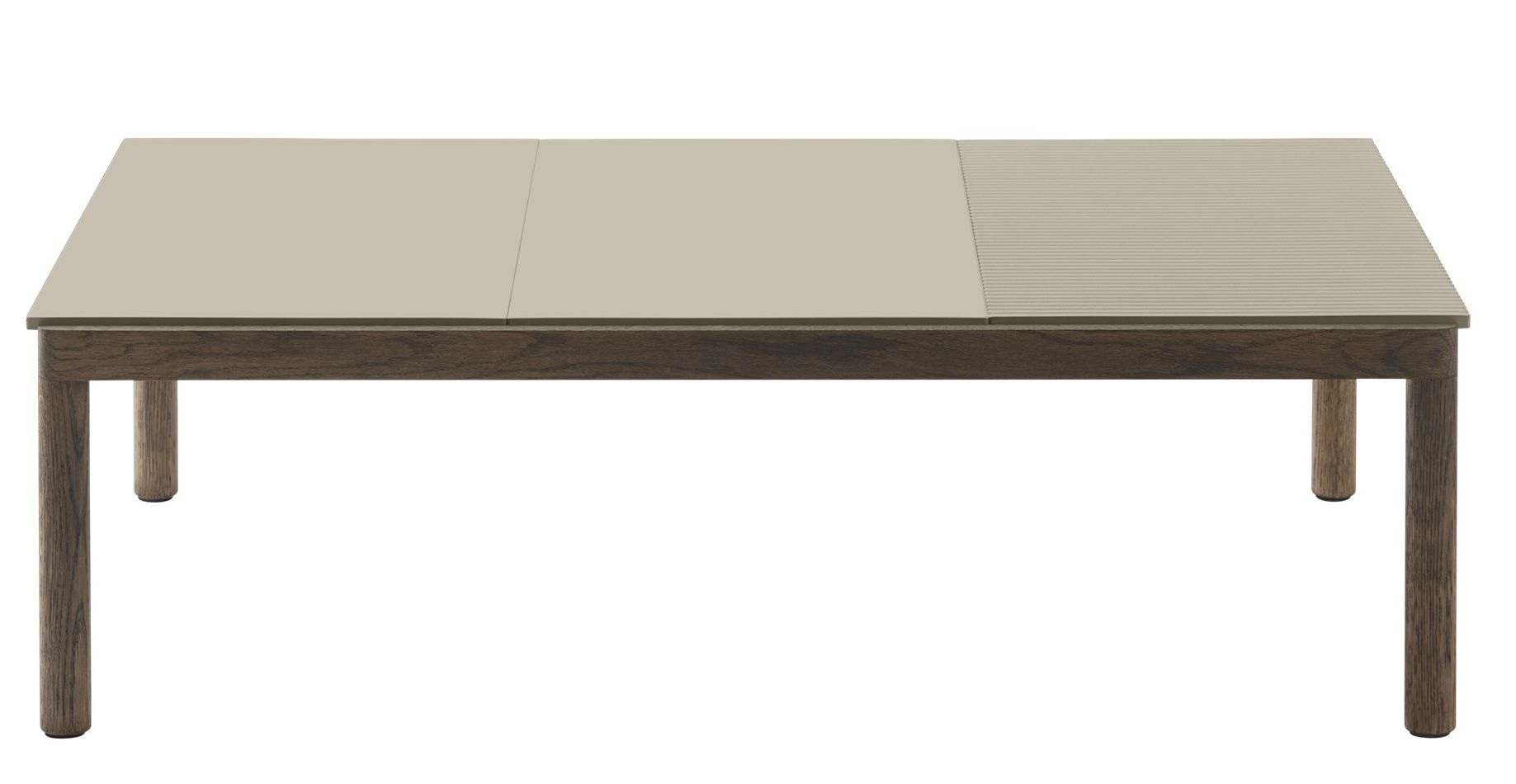 Muuto Couple Coffee Table Couchtisch mit braunem Holzrahmen und beiger Tischplatte, modernes Möbeldesign.