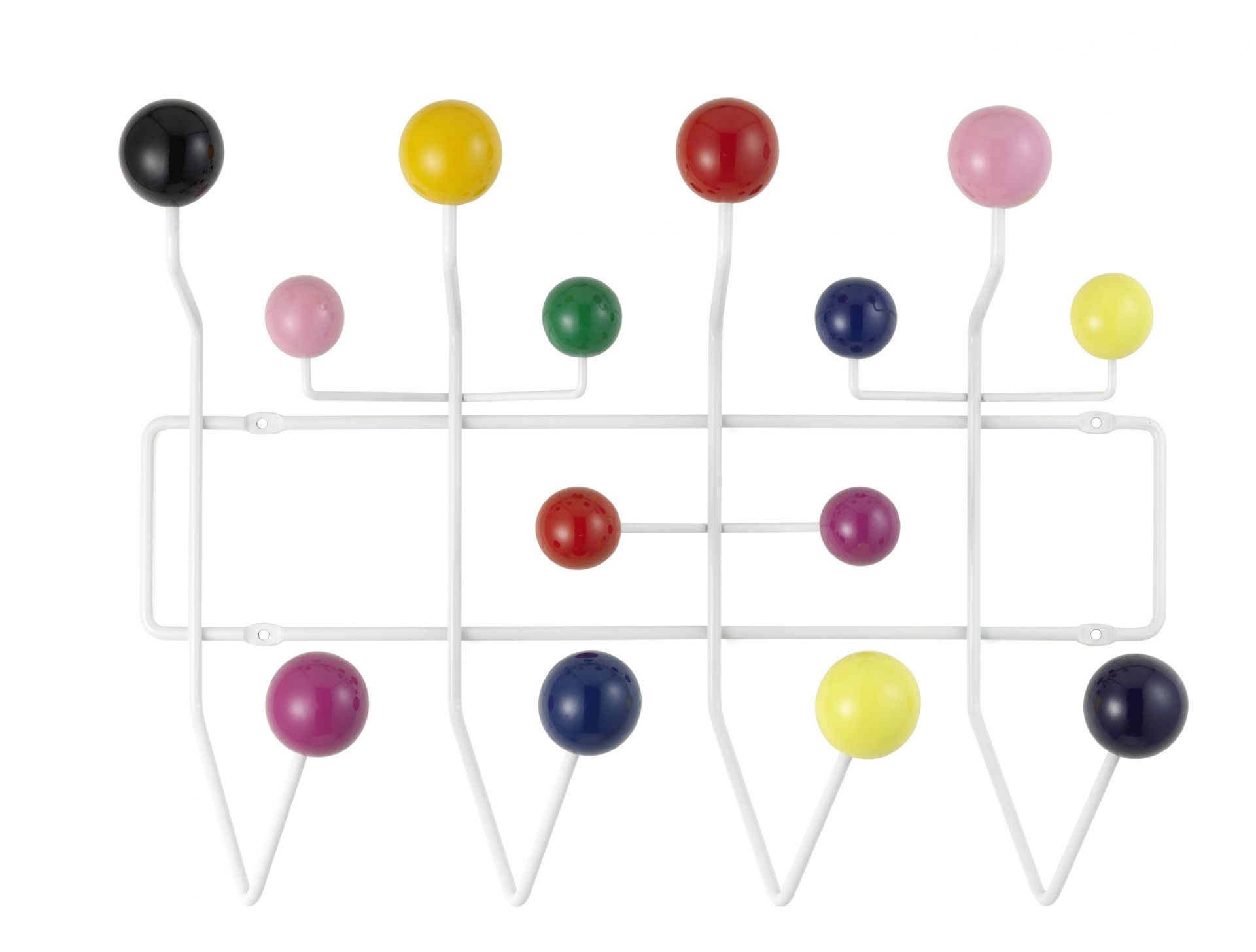Eames Hang it all Garderobe von Vitra mit bunten Holzkugeln und weißem Gestell.