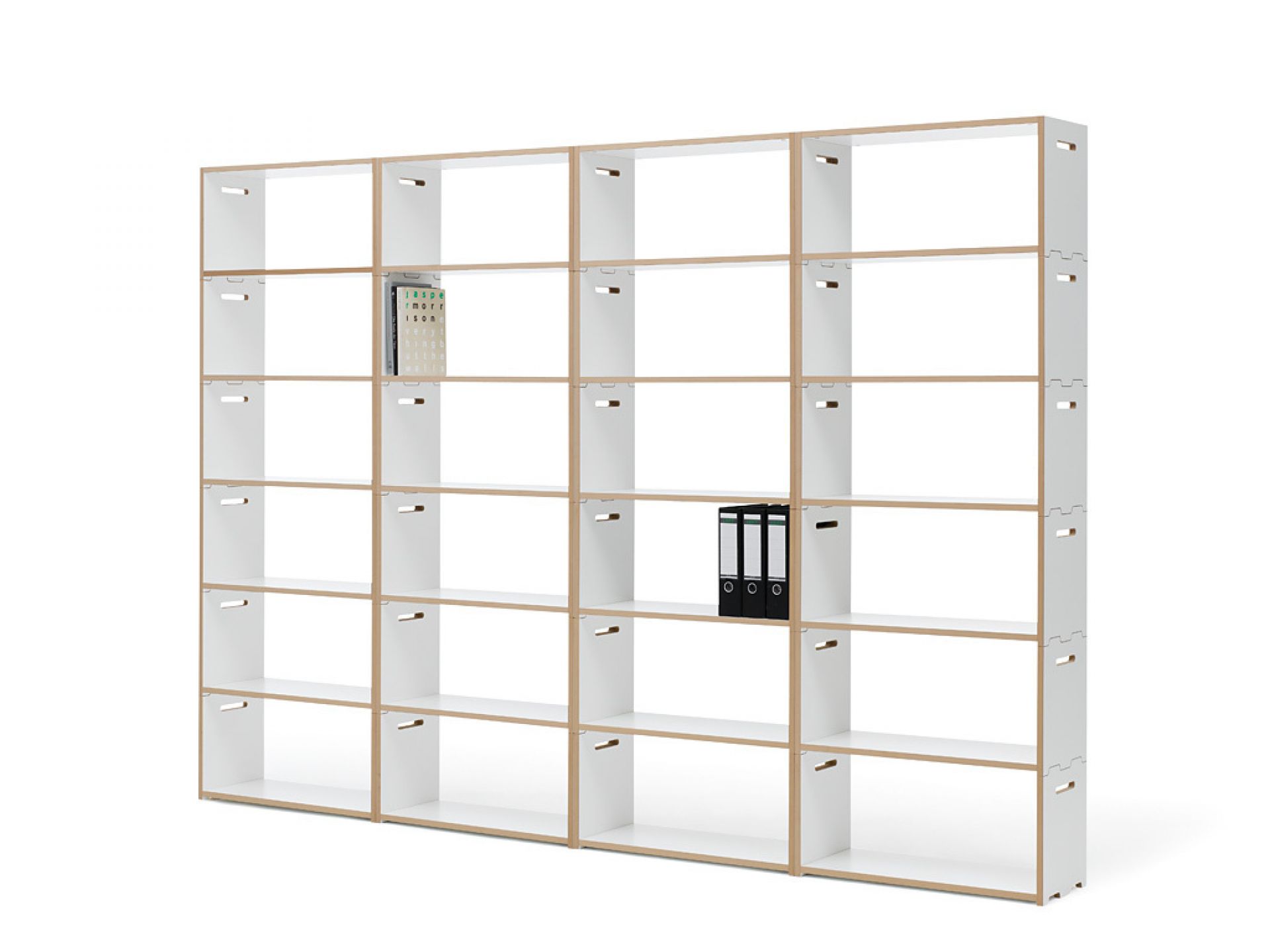 Tojo Hochstapler Regal Anbaumodul: Großes, weißes Holzregal mit quadratischen Fächern und Aktenordnern.