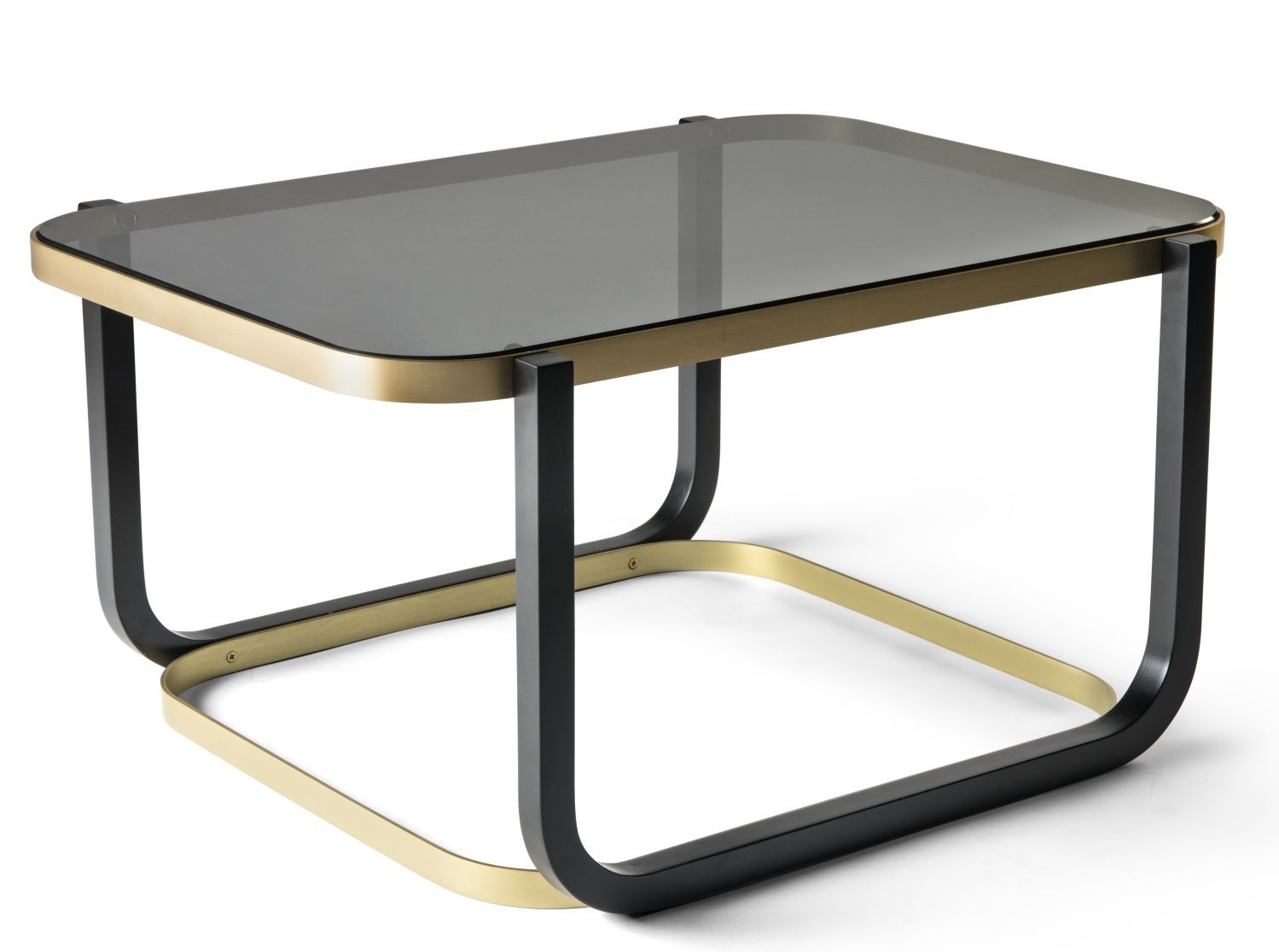 Duet B Couchtisch von Wiener GTV Design mit Glasplatte und Gestell aus gebogenem Holz in Schwarz und Gold.