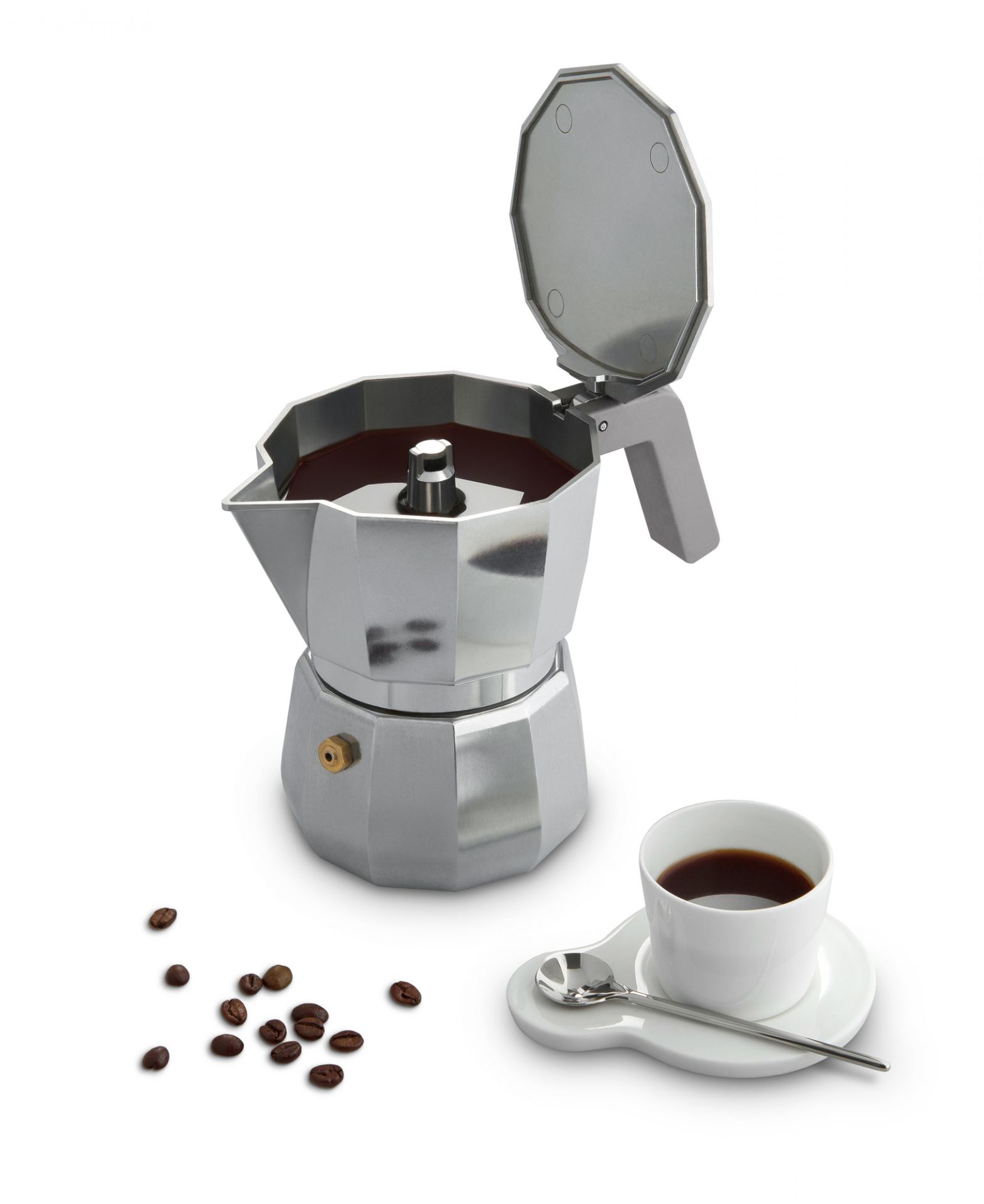 Alessi Moka Espressokocher DC06 für 6 Tassen, silberfarben, mit Kaffeetasse und Kaffeebohnen.