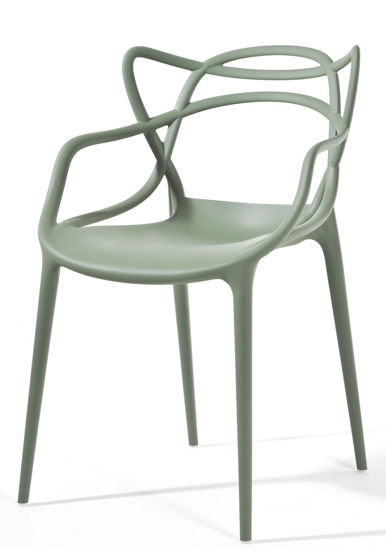 Masters Stuhl von Kartell in Salbeigrün, Designstuhl mit Armlehnen und filigraner Rückenlehne.