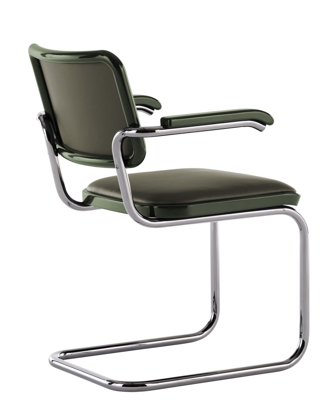 JS. Thonet S 64 P Freischwinger Stuhl, olivgrünes Leder, verchromtes Stahlrohrgestell, Designklassiker von Jil Sander.