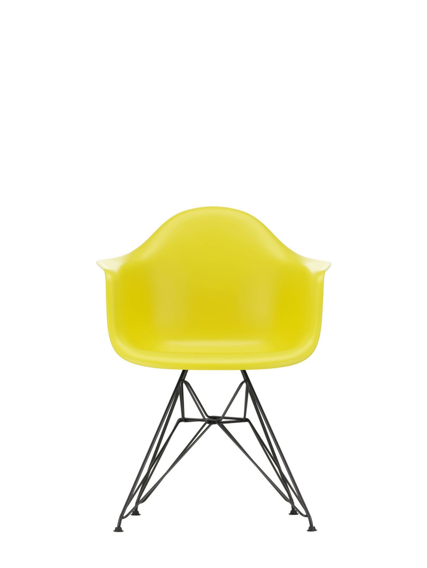 Gelber Eames Plastic Arm Chair DAR Stuhl von Vitra mit schwarzem Eiffel-Gestell, Frontansicht.