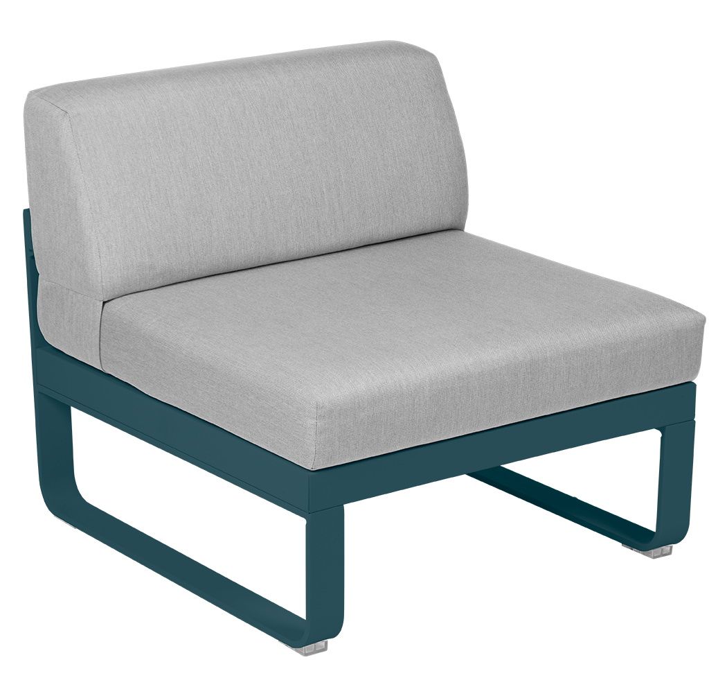 Bellevie Fermob Outdoor Sofa 1-Sitzer Modul Mitte in Grau und Petrol für Garten und Terrasse.