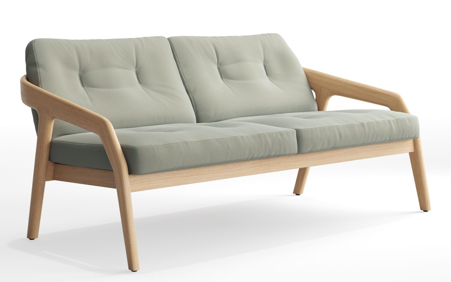 Friday 2 Sofa 2-Sitzer Zeitraum mit hellgrünem Stoffbezug und hellem Holzgestell, modernes Design.