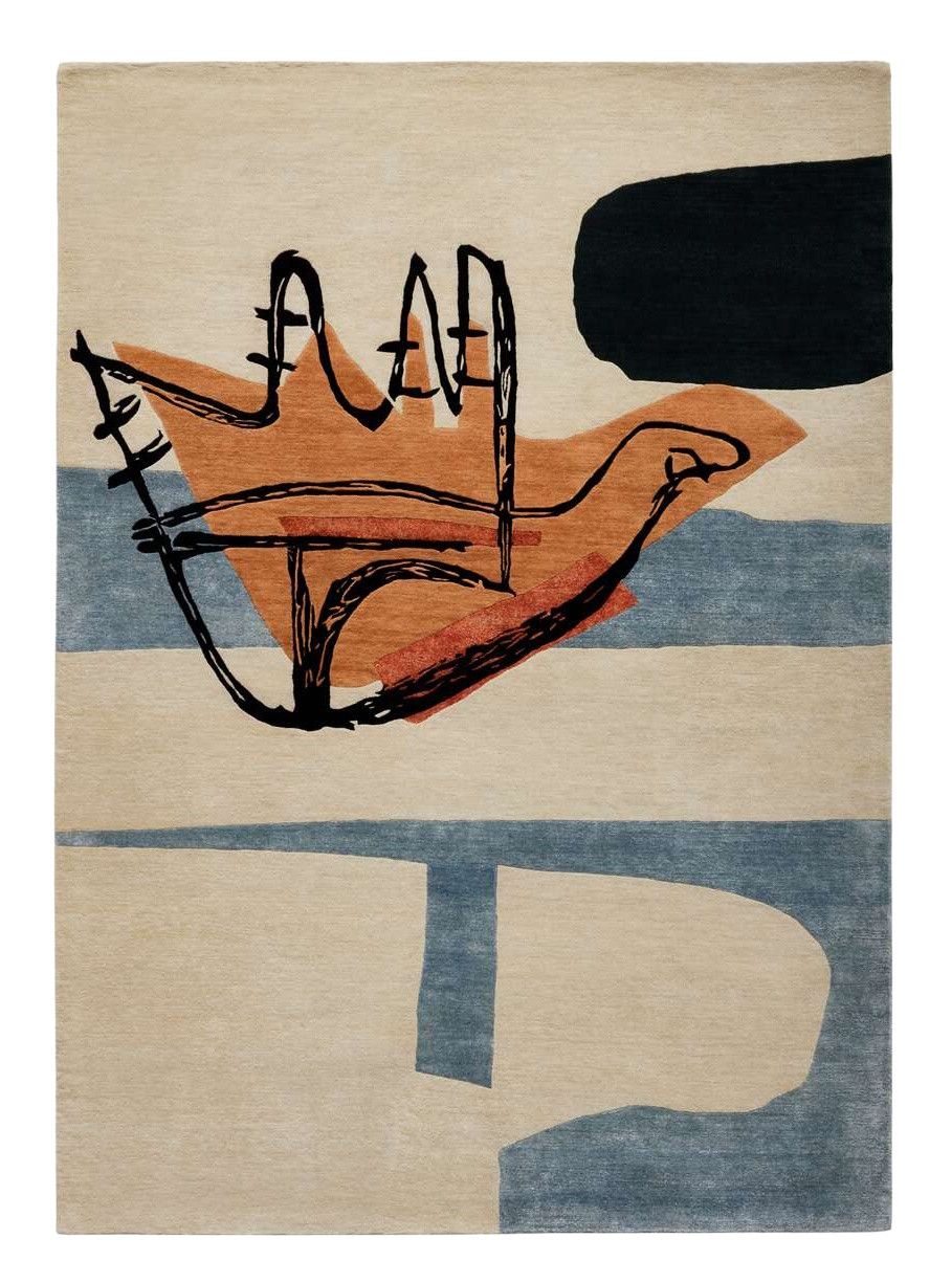 Cassina Teppich La Main Ouverte: Beige Wollteppich mit abstraktem Hand-Motiv in Schwarz, Orange und Blau.