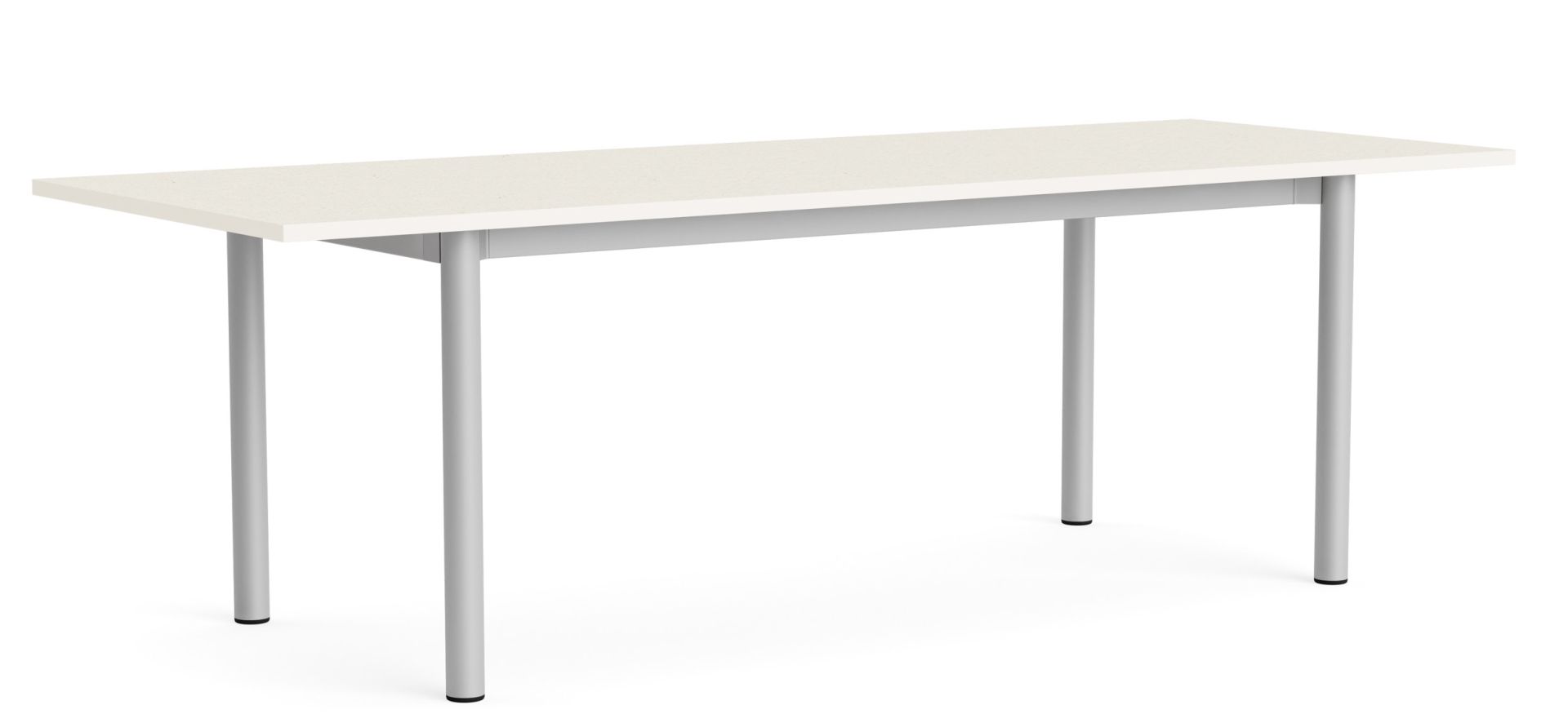 Annex Table Overhang Esstisch von Hay mit heller Tischplatte und silbernen Beinen auf weißem Hintergrund.