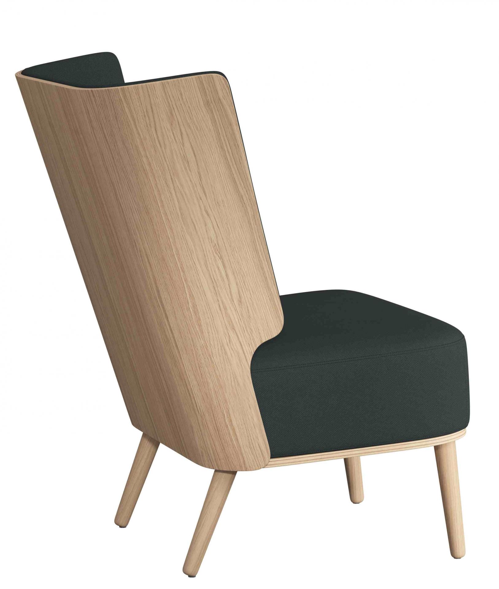 Serena Lounge Chair Sessel in Eiche natur mit grauem Stoffbezug, seitliche Ansicht.