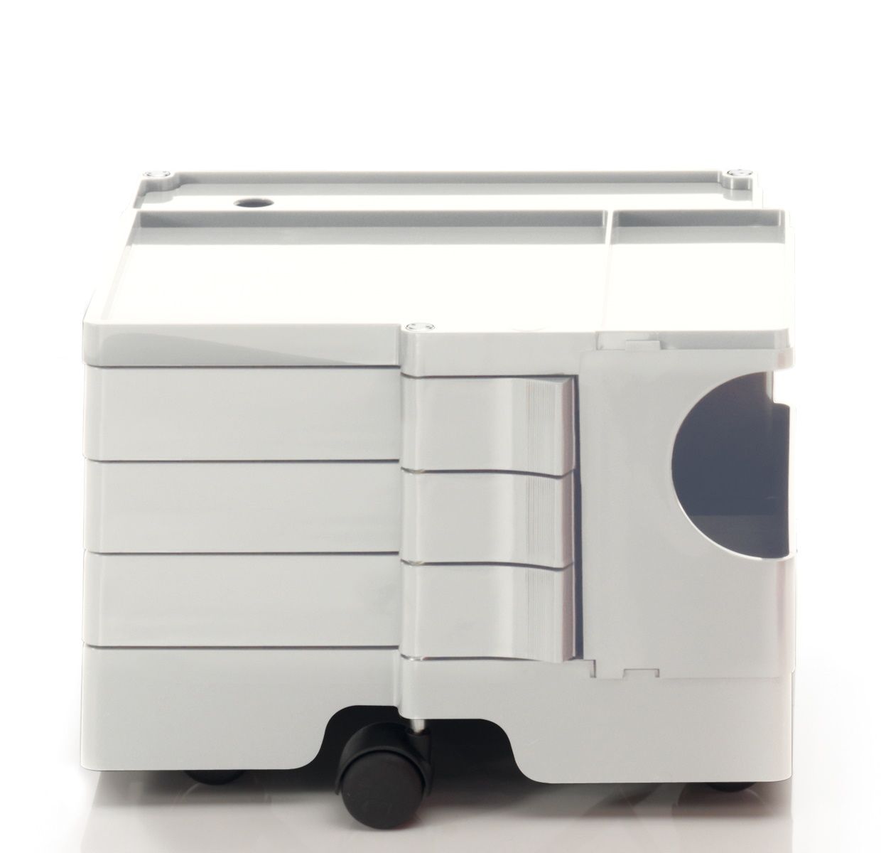 Boby B13 Rollcontainer: Grauer, kompakter Rollwagen mit Schubladen und Ablagefächern für Büro oder Werkstatt.