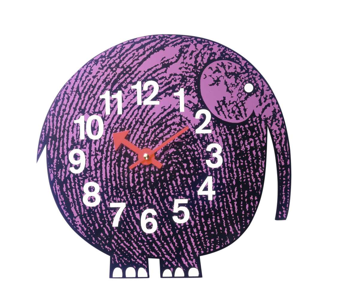Elihu Elefant Wanduhr von Vitra Zoo Timers, lila Elefantenuhr für Kinderzimmer.