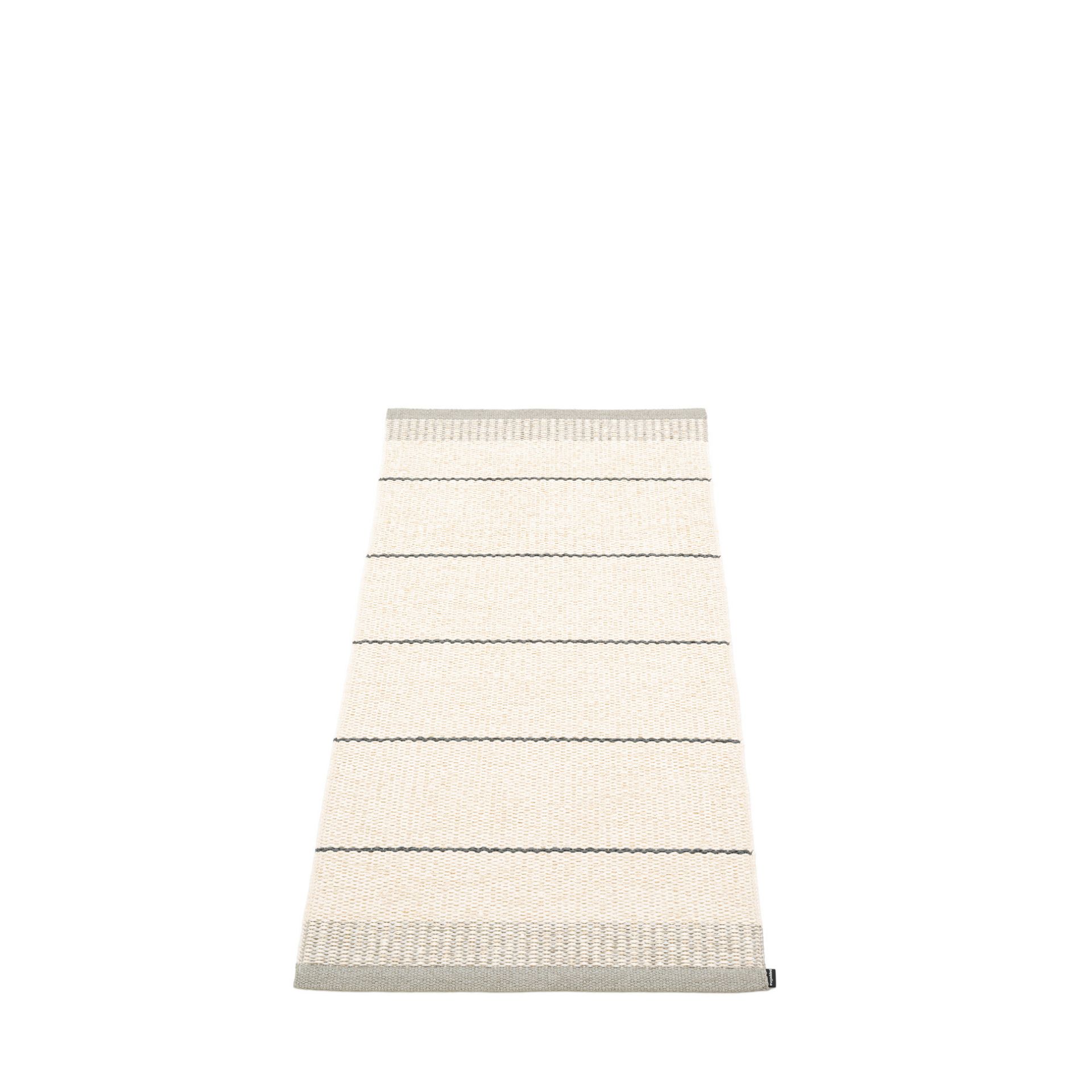 Belle Kunststoffteppich in Warm Grau, 60x125 cm, mit horizontalen Streifen und gewebter Textur.
