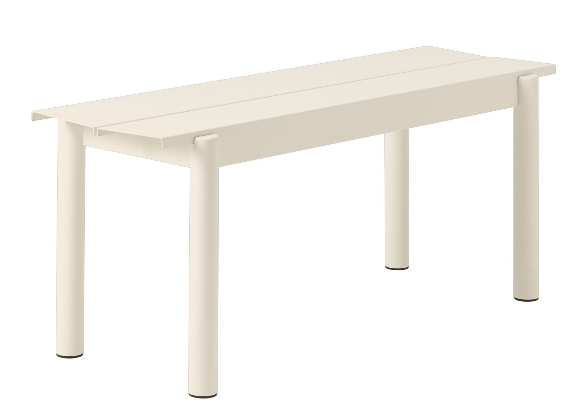 Muuto Linear Steel Bench Outdoor Bank in Beige, moderne Gartenbank aus pulverbeschichtetem Stahl.