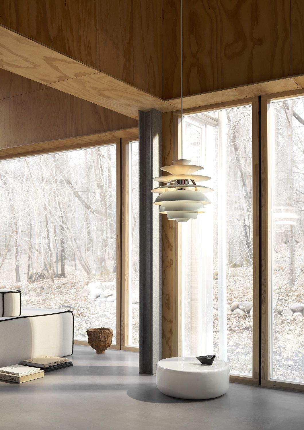 PH Snowball Pendelleuchte von Louis Poulsen in modernem Wohnraum mit Fensterblick. Design Lampe.