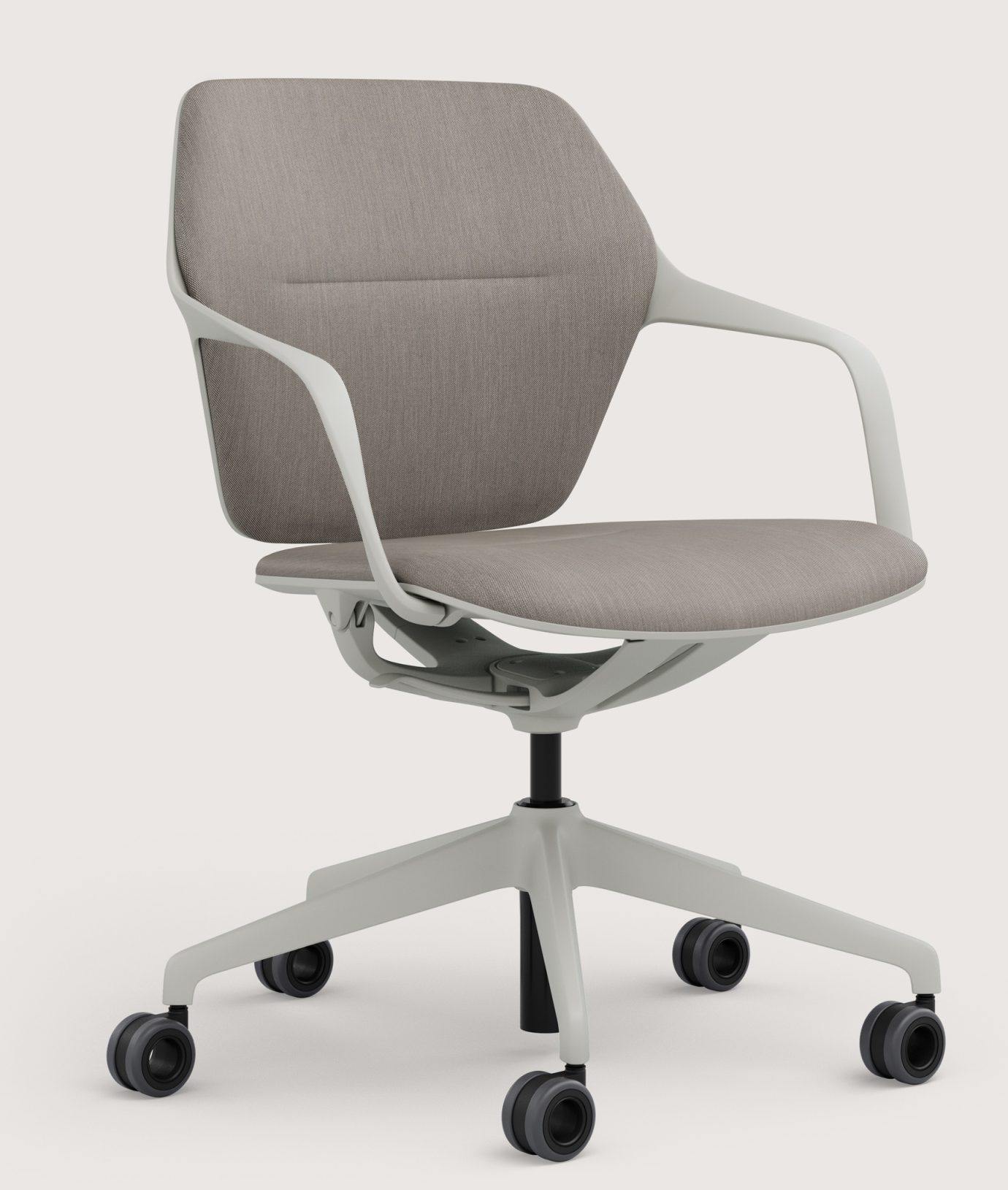 Ray Work Bürodrehstuhl von Brunner, ergonomischer Drehstuhl mit Armlehnen und grauem Stoffbezug für modernes Büro.