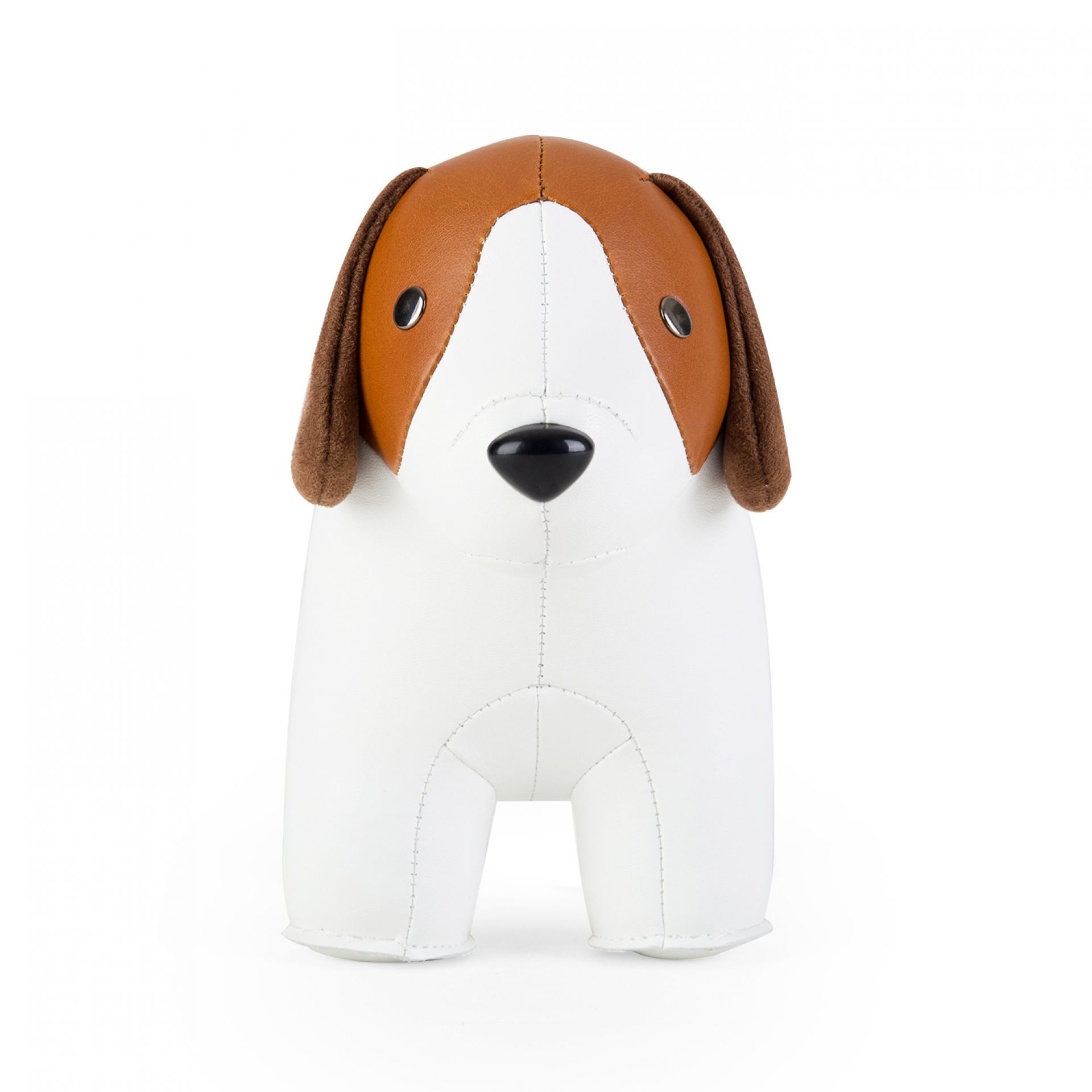 Buchstütze in Hundeform: Weißer Beagle mit braunem Kopf, dekorative Tier Buchstütze.
