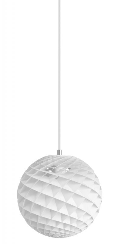 Weiße Patera Pendelleuchte von Louis Poulsen, modernes Design mit geometrischen Formen für stilvolle Beleuchtung.