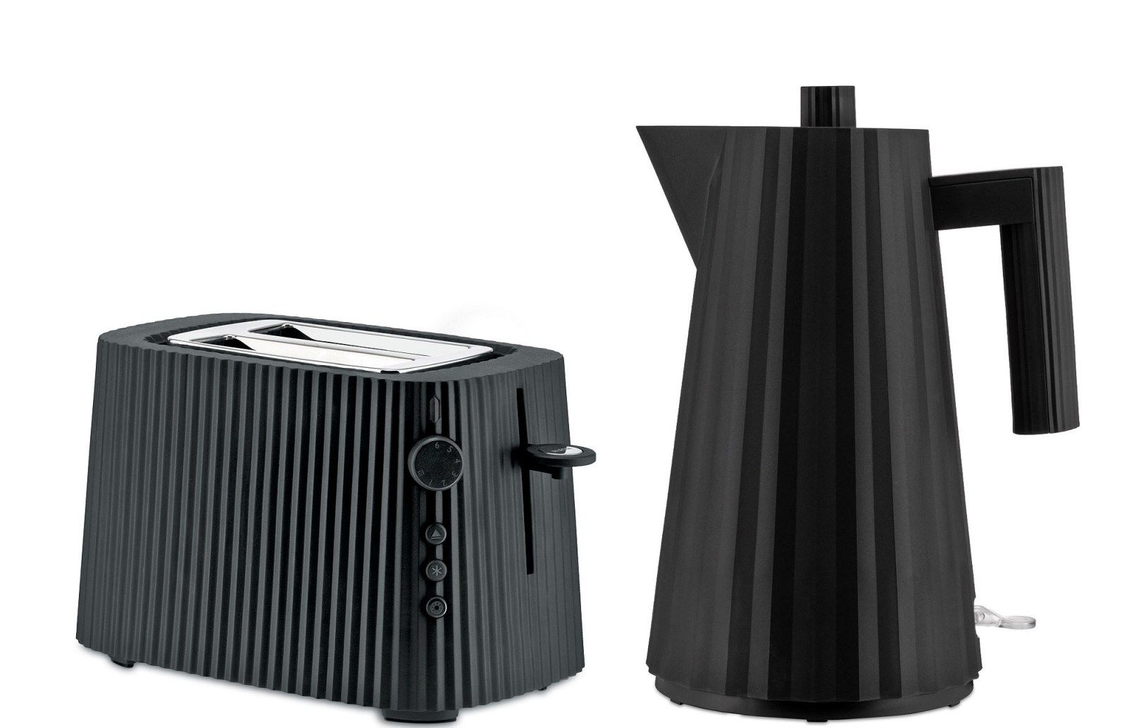 Schwarzes Alessi Plissé Bundle: Wasserkocher und Toaster Set mit plissiertem Design.