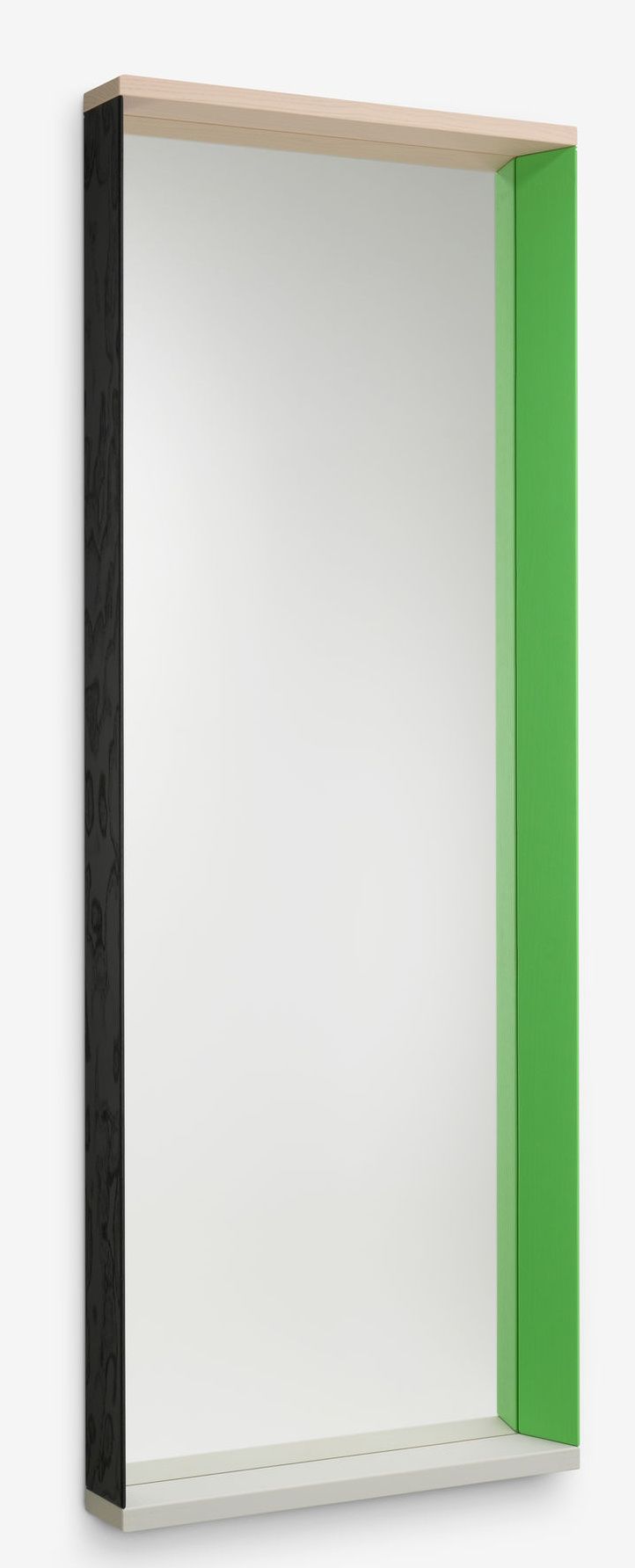 Vitra Colour Frame Spiegel mit Rahmen in Grün, Schwarz und Naturholz für moderne Einrichtung.