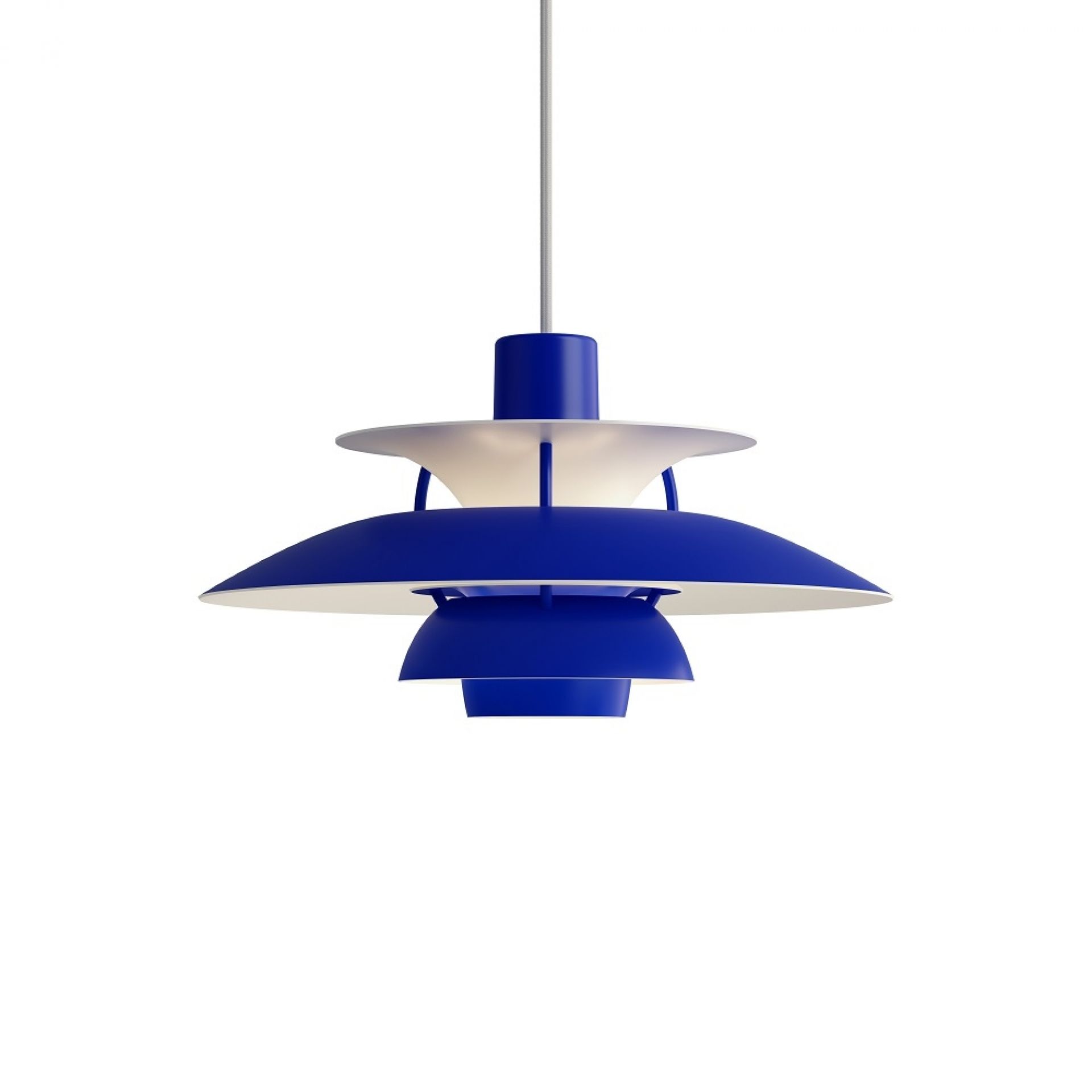 Blaue PH 5 Mini Pendelleuchte von Louis Poulsen, moderne Hängelampe für Wohnzimmer und Esszimmer.