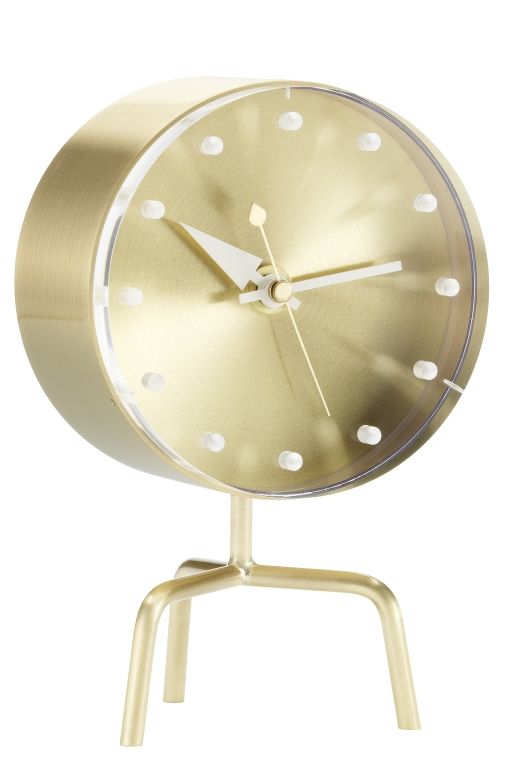 Vitra Tripod Clock Tischuhr in Gold, moderne Tischuhr mit drei Beinen für Wohnzimmer.