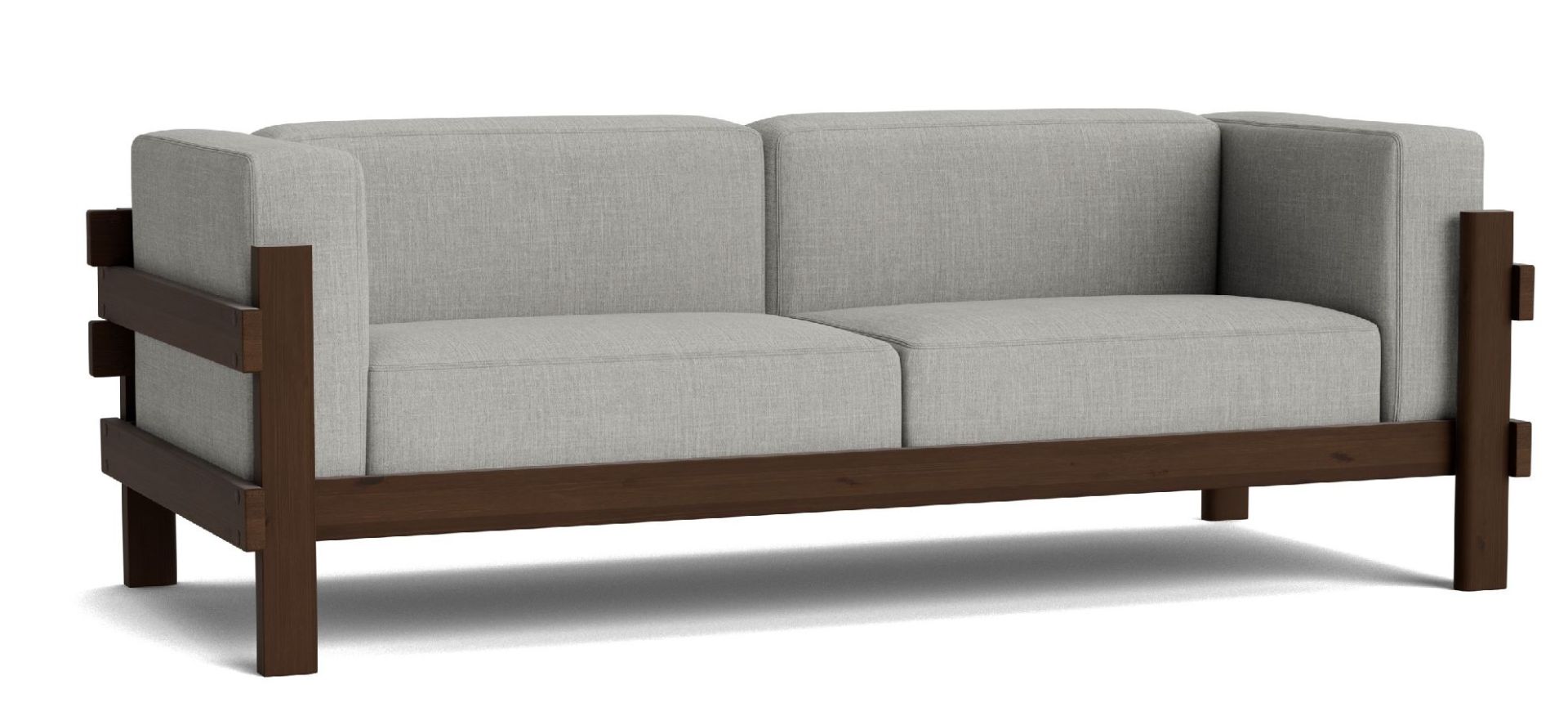 Kube Sofa von Normann Copenhagen, graues Stoffsofa mit dunklem Holzrahmen für Wohnzimmer.