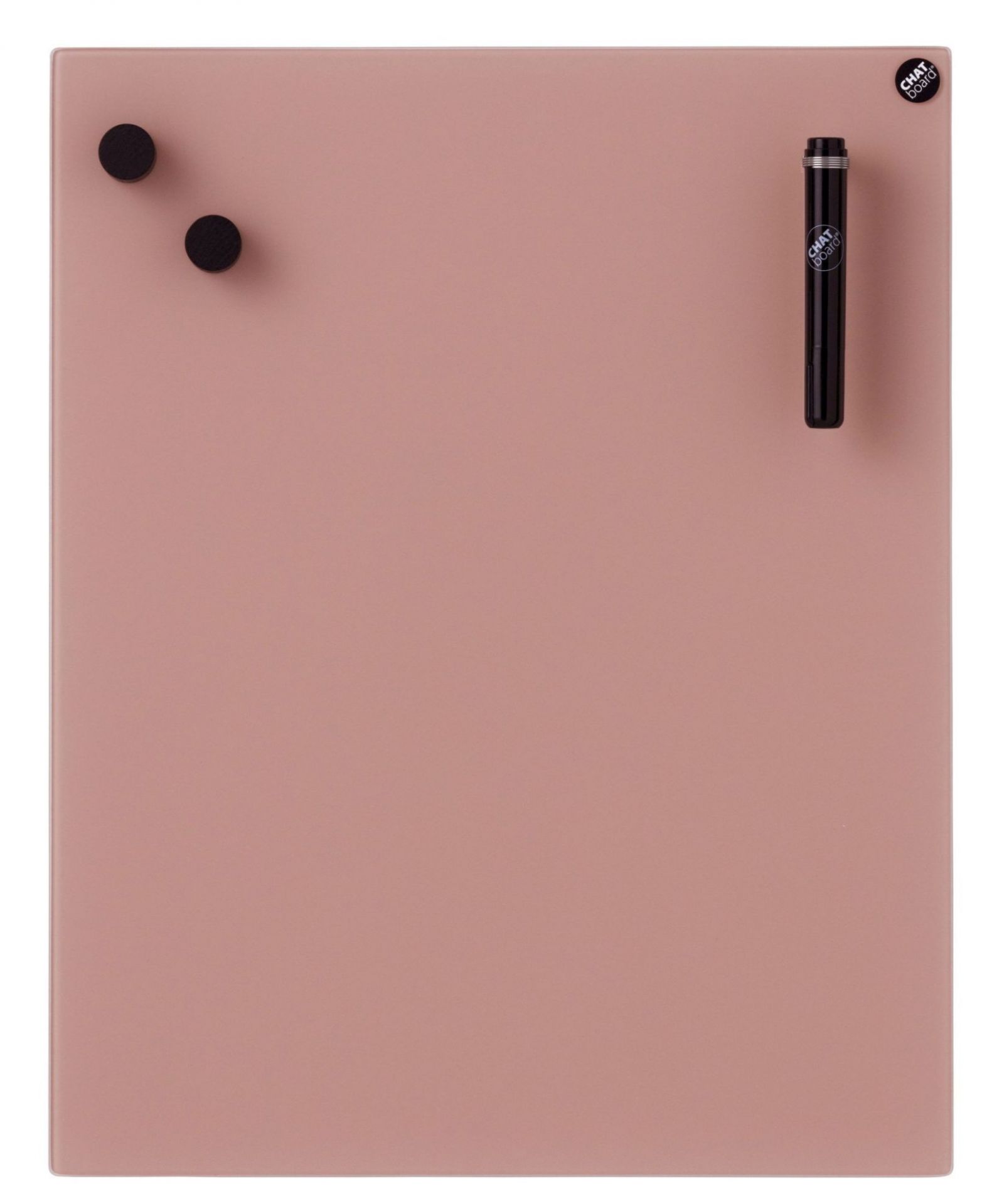 Nahaufnahme einer rosa Chat Board Glastafel für die Wand, inklusive Magnete und Stift.
