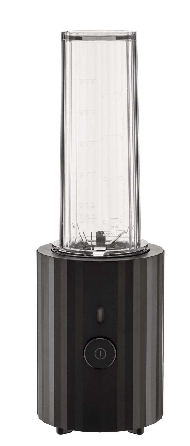 Schwarzer Alessi Plissé Smoothie Maker MDL17 mit transparentem Behälter und Messskala für gesunde Smoothies.