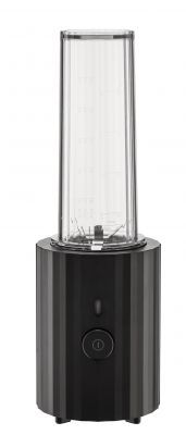 Schwarzer Alessi Plissé Smoothie Maker MDL17 mit transparentem Behälter und Messskala für gesunde Smoothies.