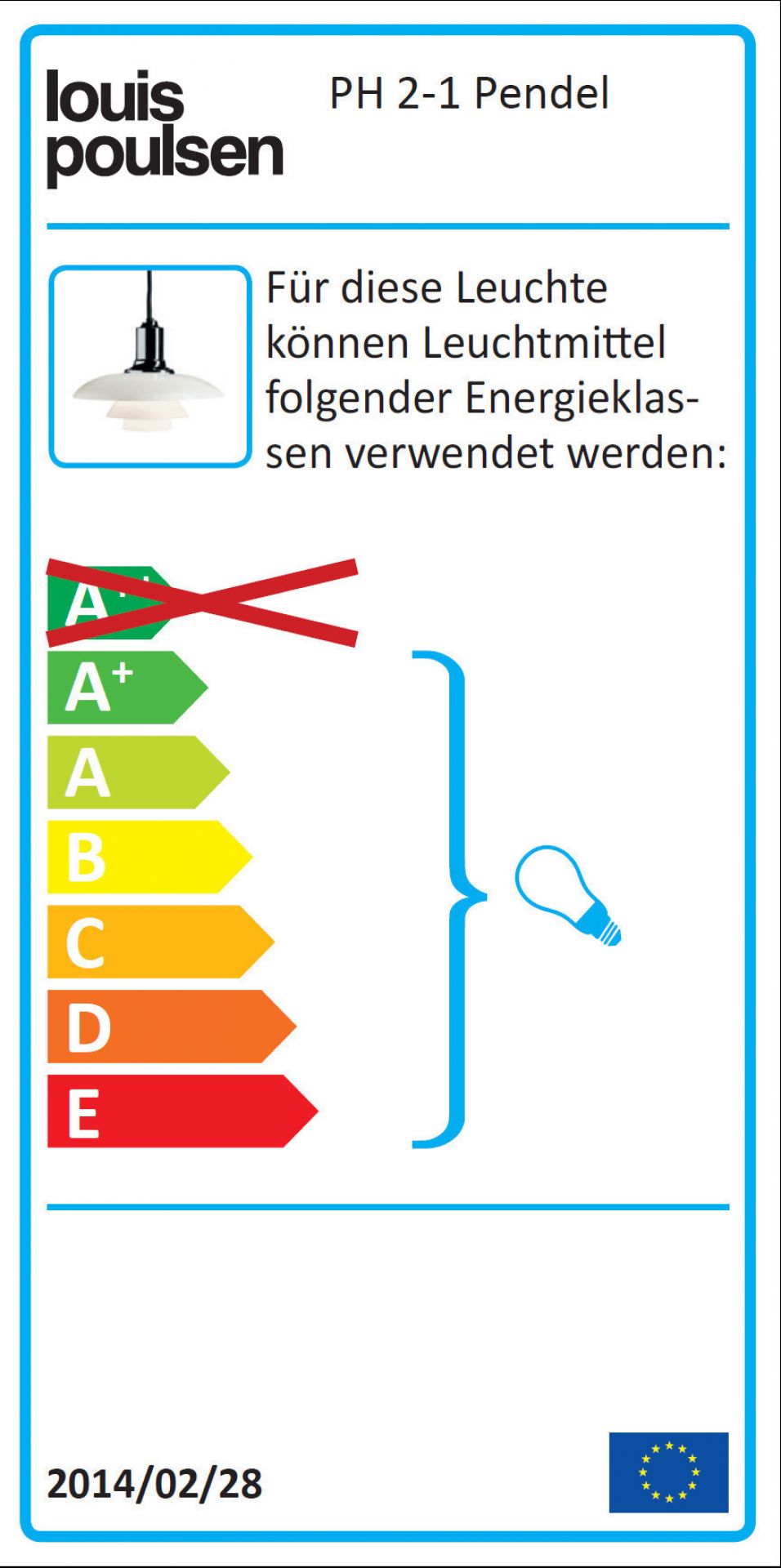 Energieeffizienzlabel für Louis Poulsen PH 2/1 Pendelleuchte, zeigt Energieklassen von A+ bis E.