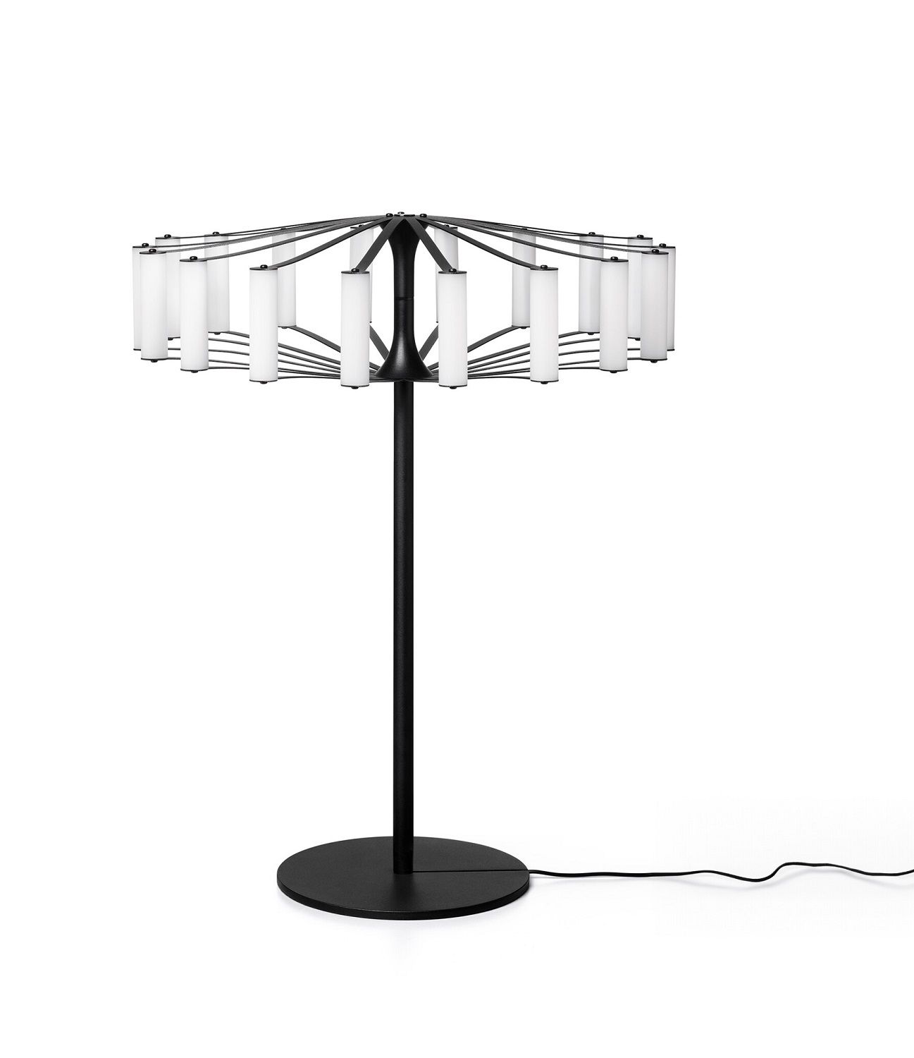 Wheel Table Tischleuchte Japth, moderne Stehleuchte mit schwarzem Fuß und kreisförmigen Lampenschirmen für Wohnzimmer.