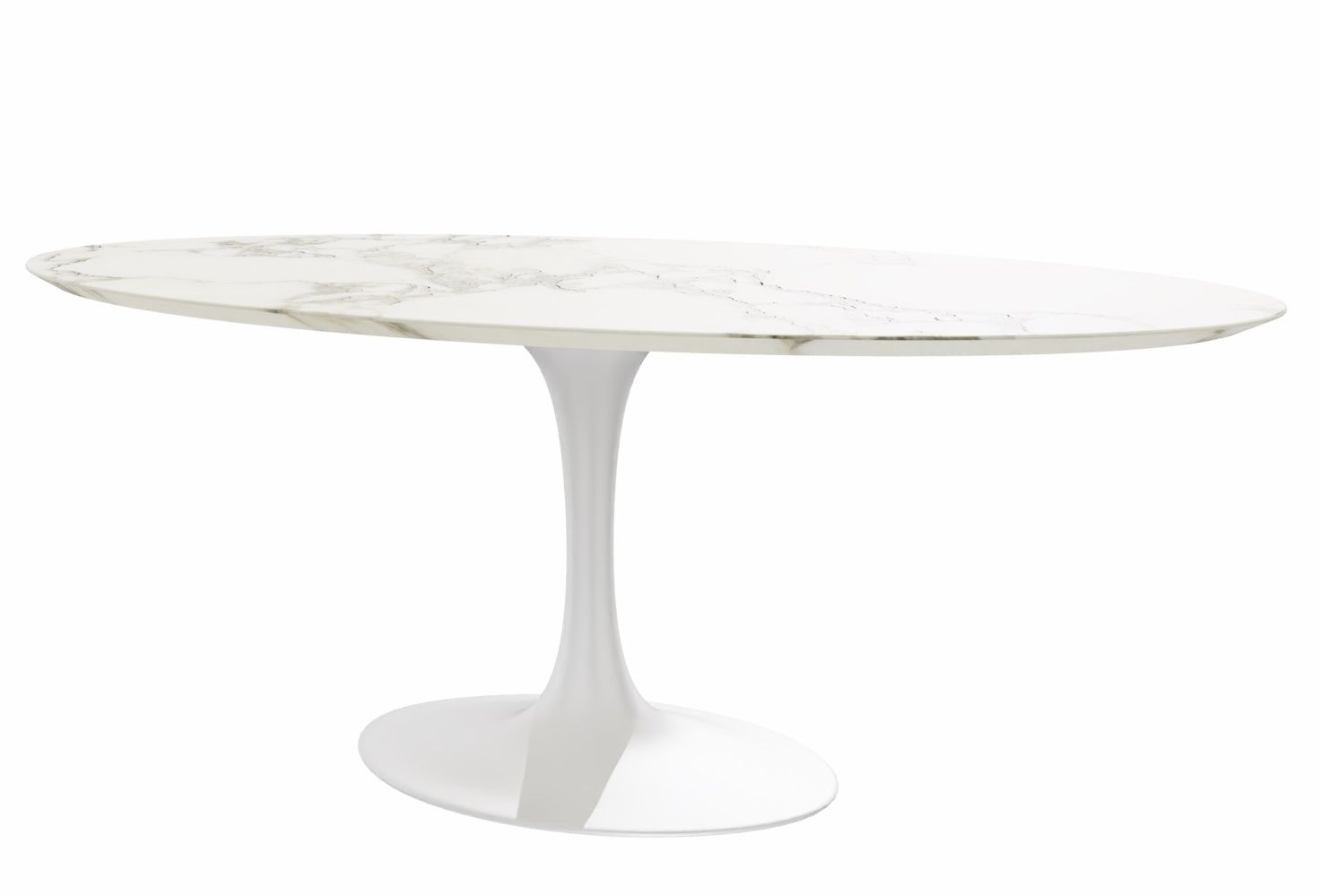 Saarinen Esstisch oval von Knoll International mit weißer Marmorplatte und weißem Tulpenfuß.