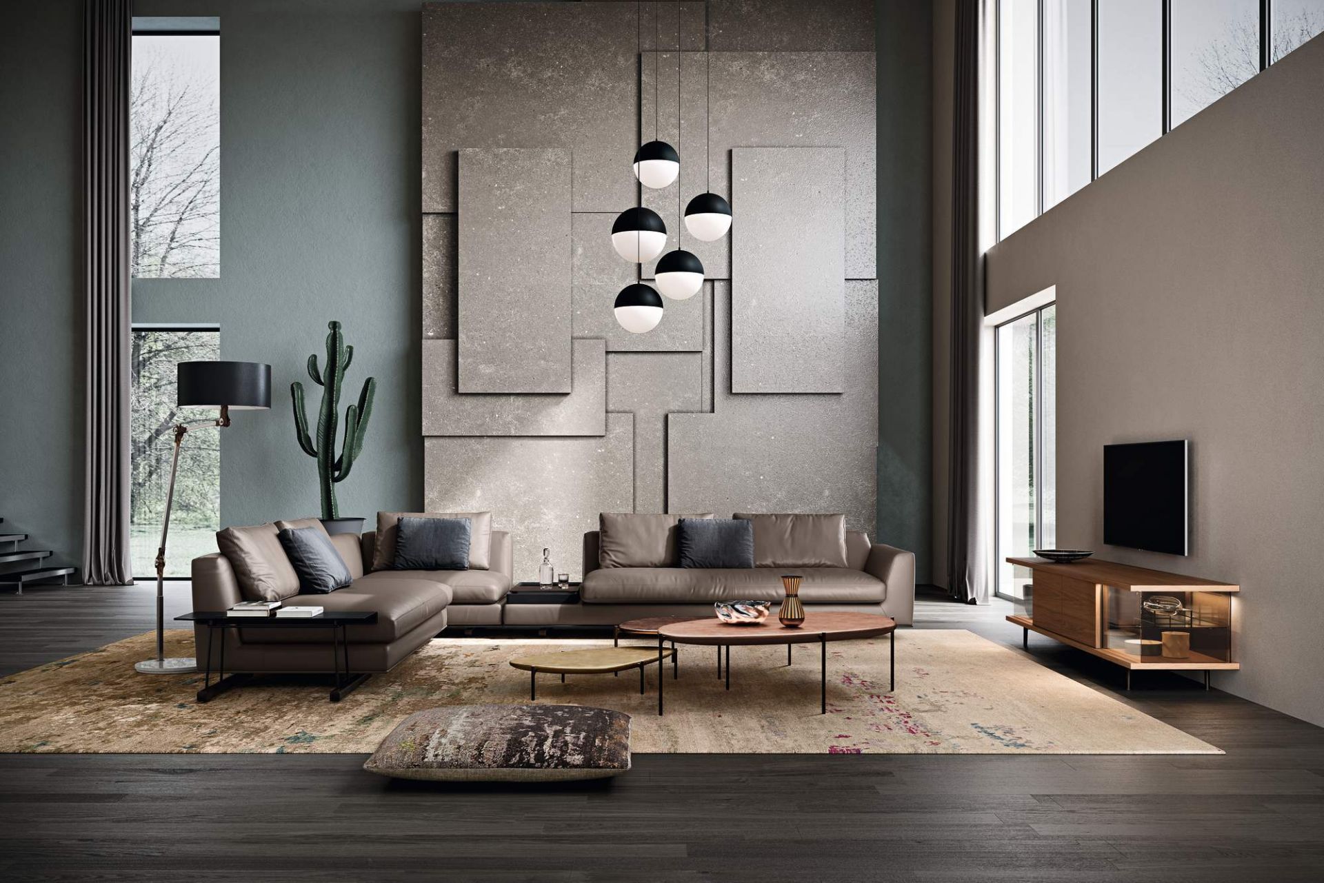 Wohnzimmer-Interieur mit braunem Ledersofa und gemustertem Teppich von Walter Knoll, stilvolles Wohnambiente.