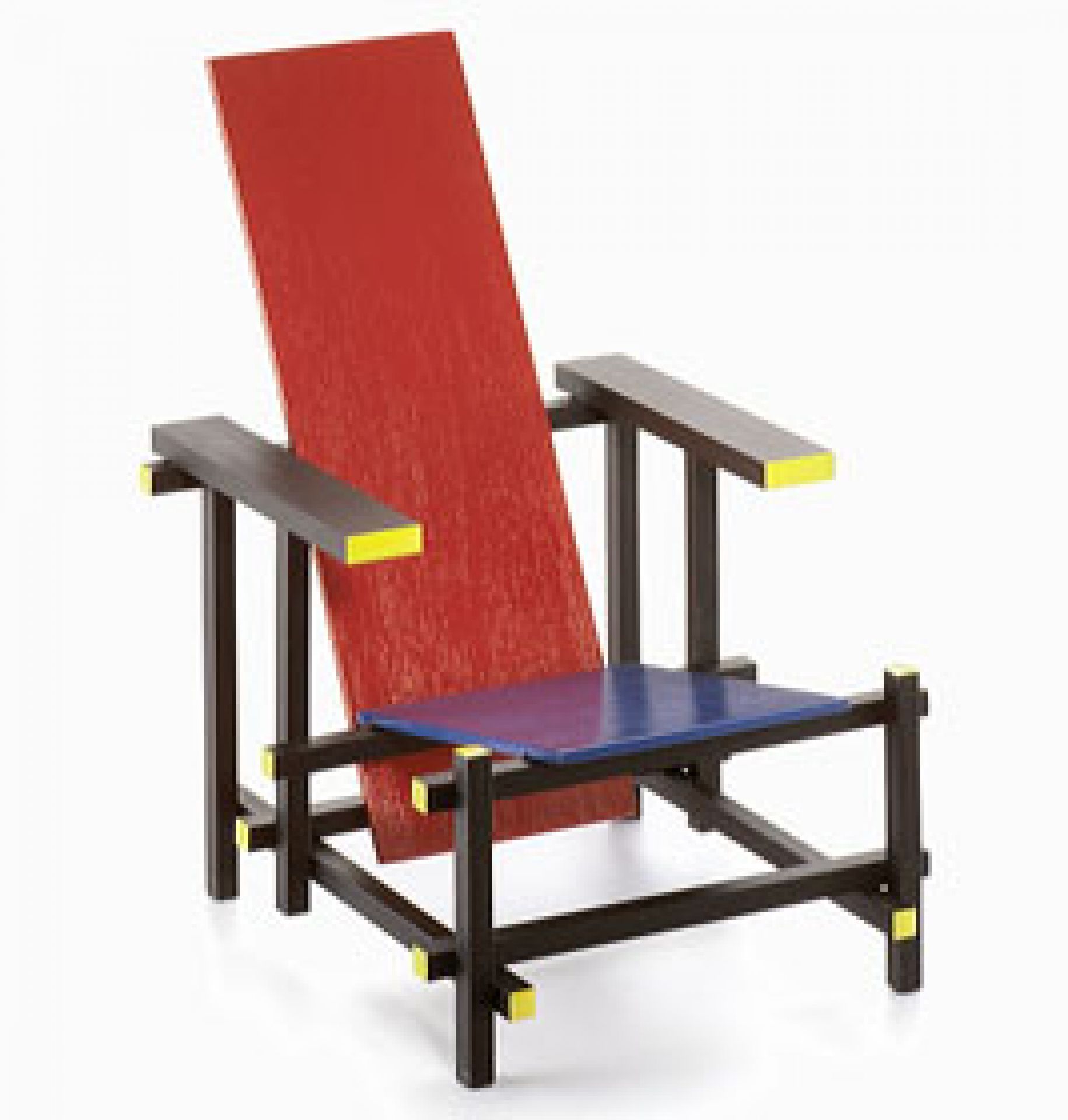 Roter und blauer Designstuhl, eine Miniatur des ikonischen Vitra Stuhls von 1918.
