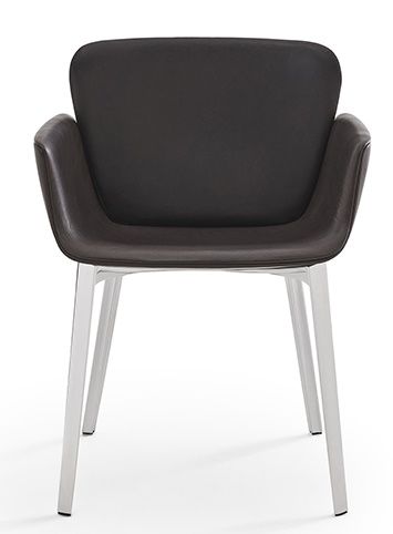 KN06 Stuhl von Knoll International mit braunem Lederbezug und silbernem Metallgestell, Frontansicht.