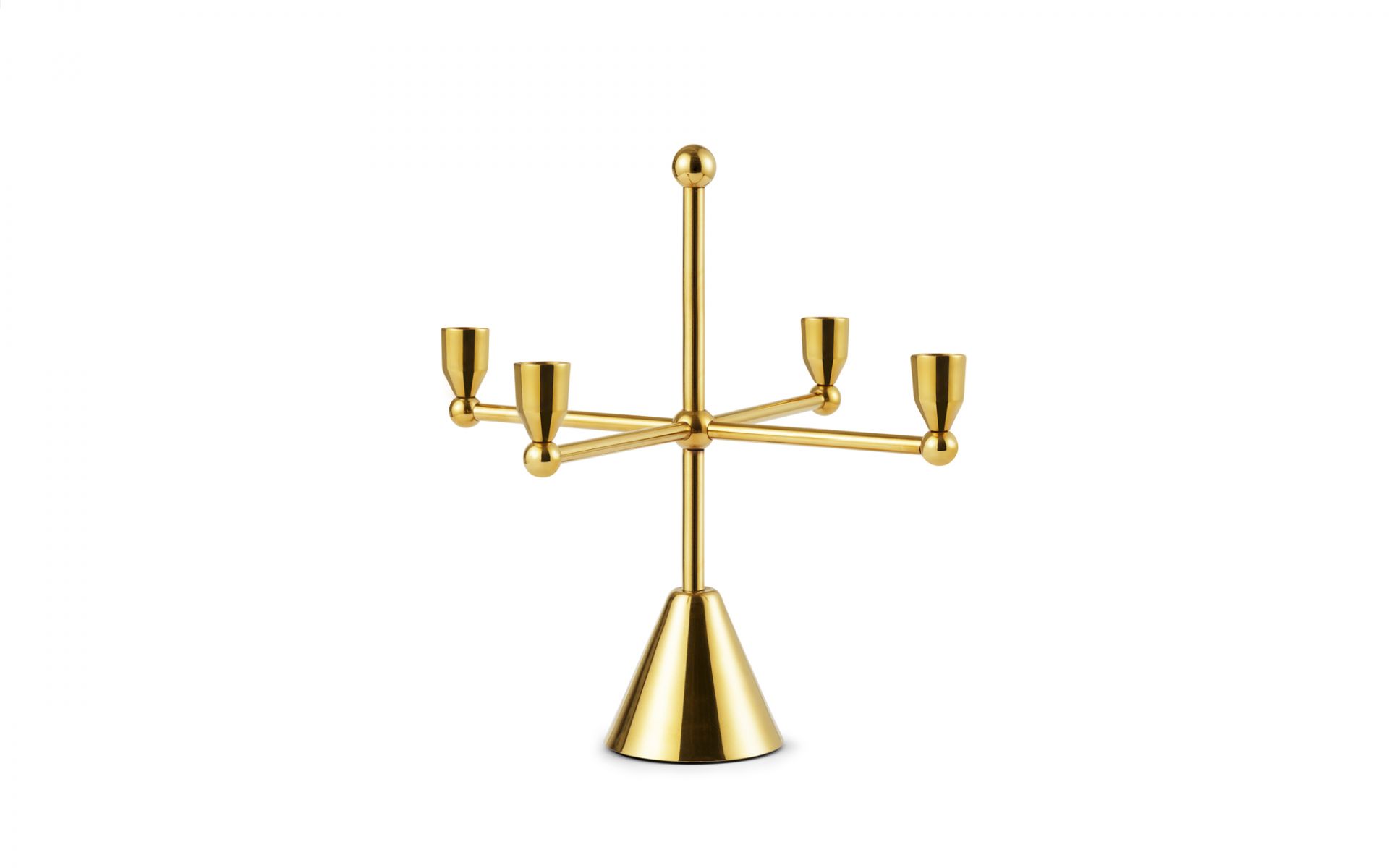 Goldener Pirouette Kerzenhalter von Normann Copenhagen mit vier Armen für Stabkerzen. Dekorative Tischdekoration.
