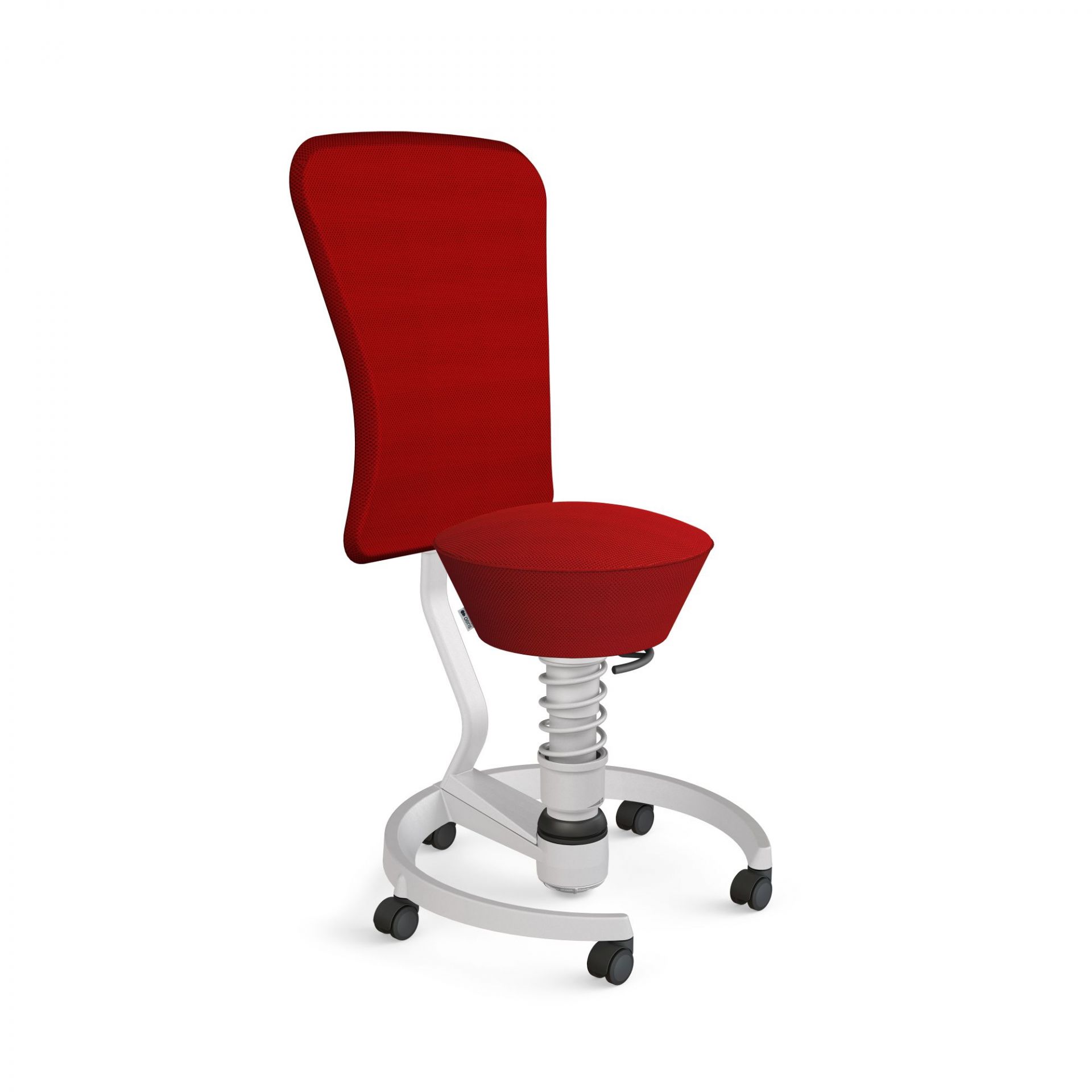 Roter Bürostuhl mit Rollen, ergonomisch geformt, für gesundes Sitzen im Büro und Homeoffice.