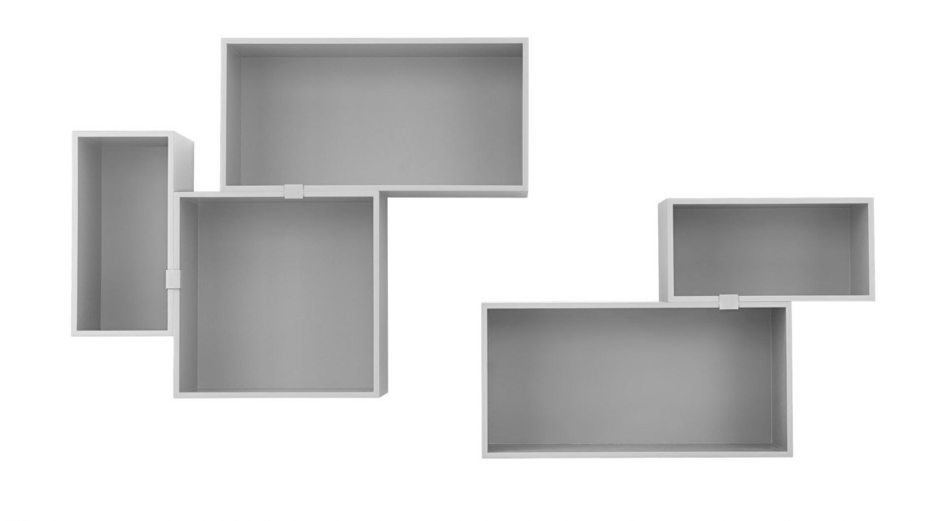 Graues Mini Stacked Regalsystem von Muuto, modulare Wandregale für moderne Wohnraumgestaltung.