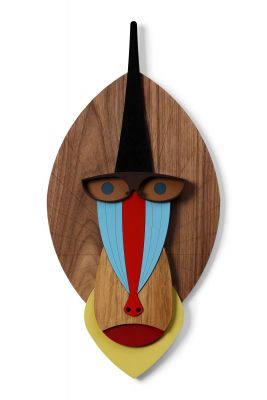 The Mandrill Wandschmuck von Umasqu, ein handgefertigtes, farbenfrohes Wandobjekt aus Holz, modernes Design.