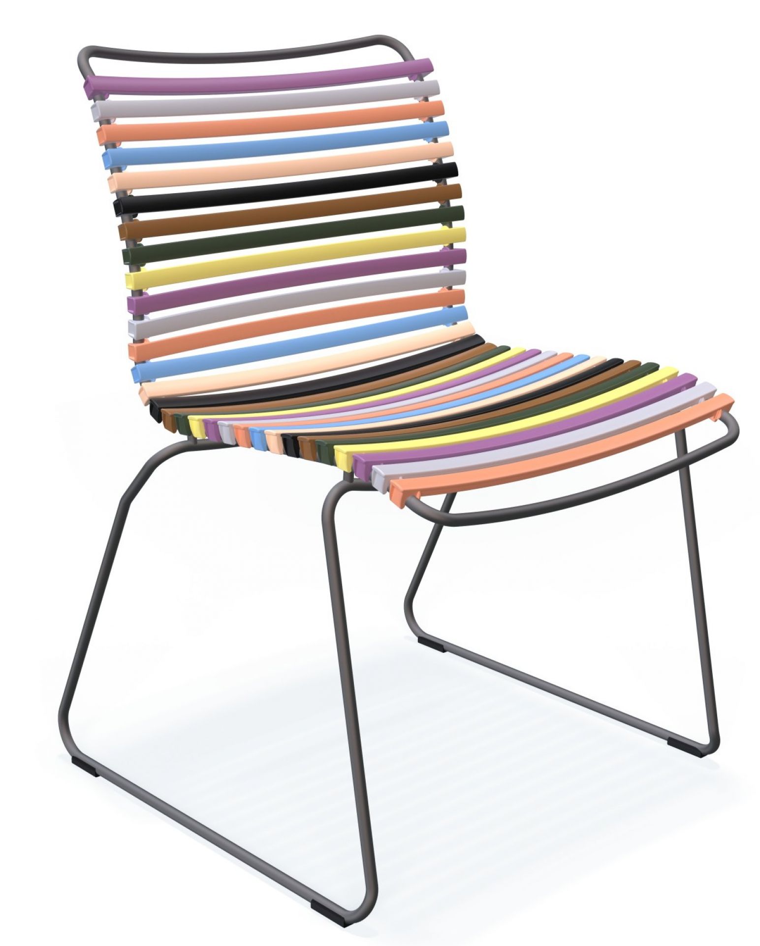 Click Dining Stuhl ohne Armlehne, Outdoor-Stuhl mit bunten Lamellen und grauem Metallgestell.
