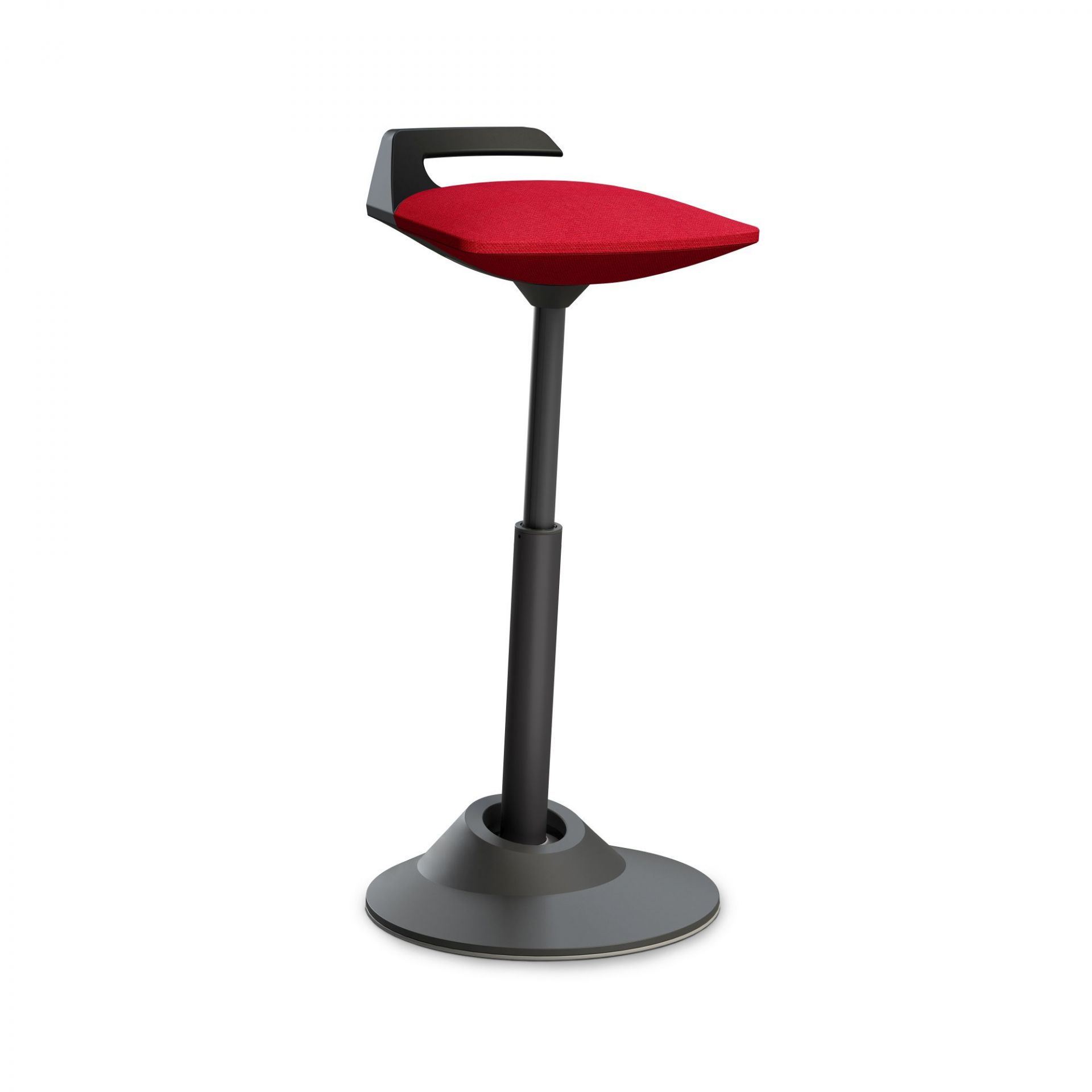 Ergonomischer Steh-Sitz-Hocker mit rotem Sitzpolster und schwarzem Fußkreuz für Büro und Homeoffice.