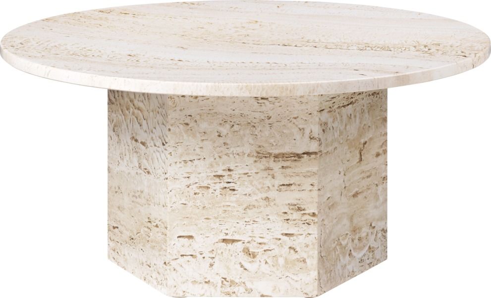 Runder Gubi Couchtisch "Epic Coffee Table" aus Travertin, moderner Beistelltisch für Wohnzimmer.