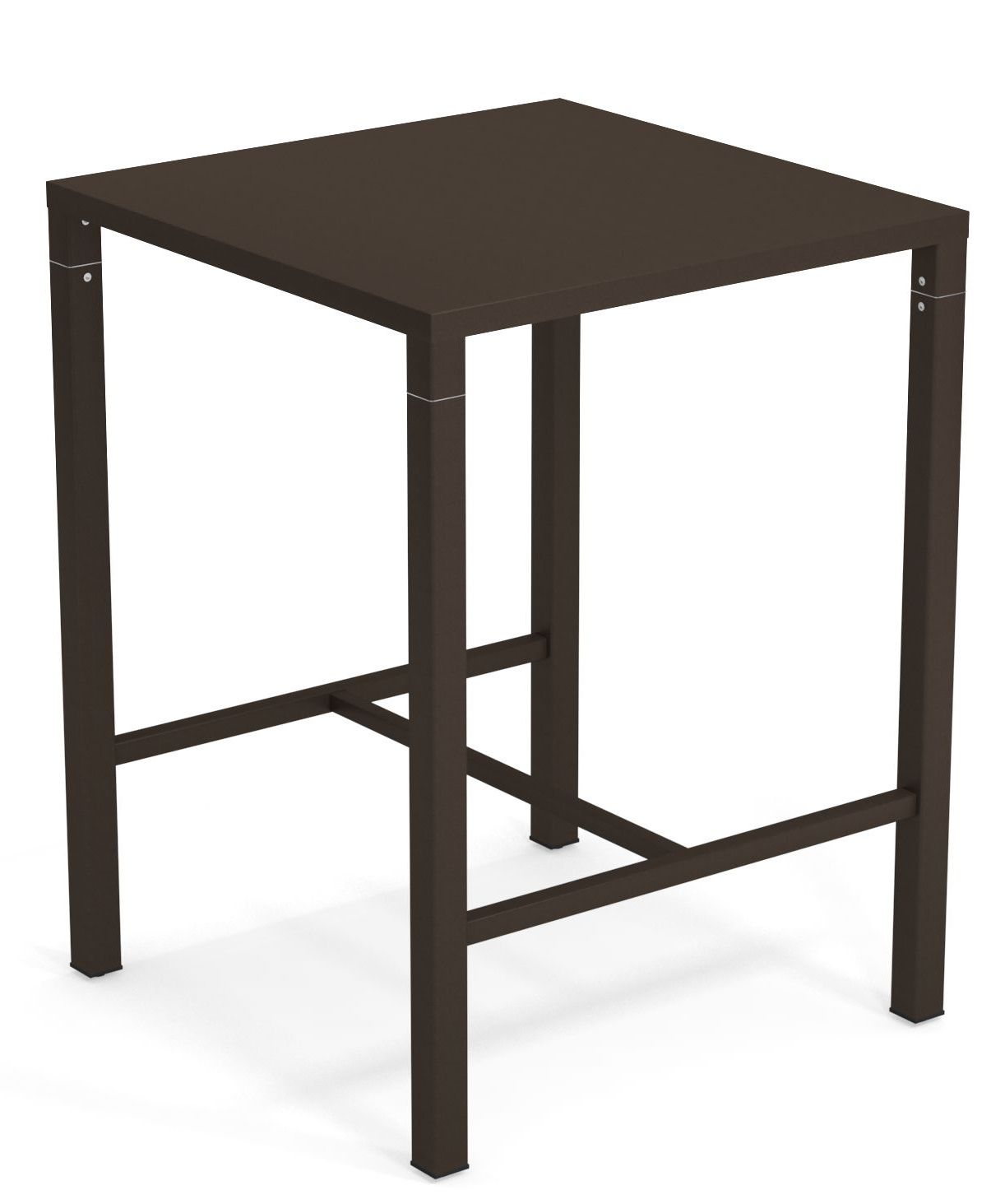 Nova Hochtisch Outdoor Emu, quadratischer Stehtisch für den Garten oder die Terrasse, braunes Metallgestell.