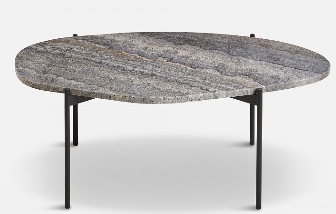 La Terra Couchtisch mit grauer Melange-Tischplatte aus Stein und schwarzem Metallgestell, Einzelstück.